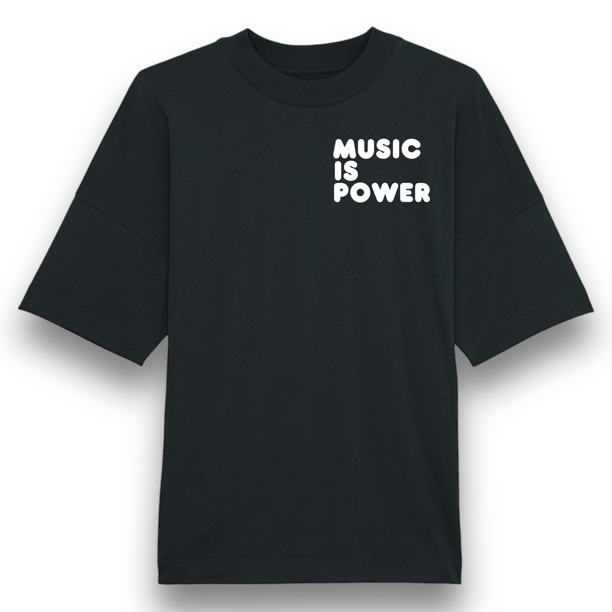 'MUSIC IS POWER' embroidered heavy weight organic cotton men's drop shoulder 'blaster' t-shirt - inspired by Richard Ashcroft