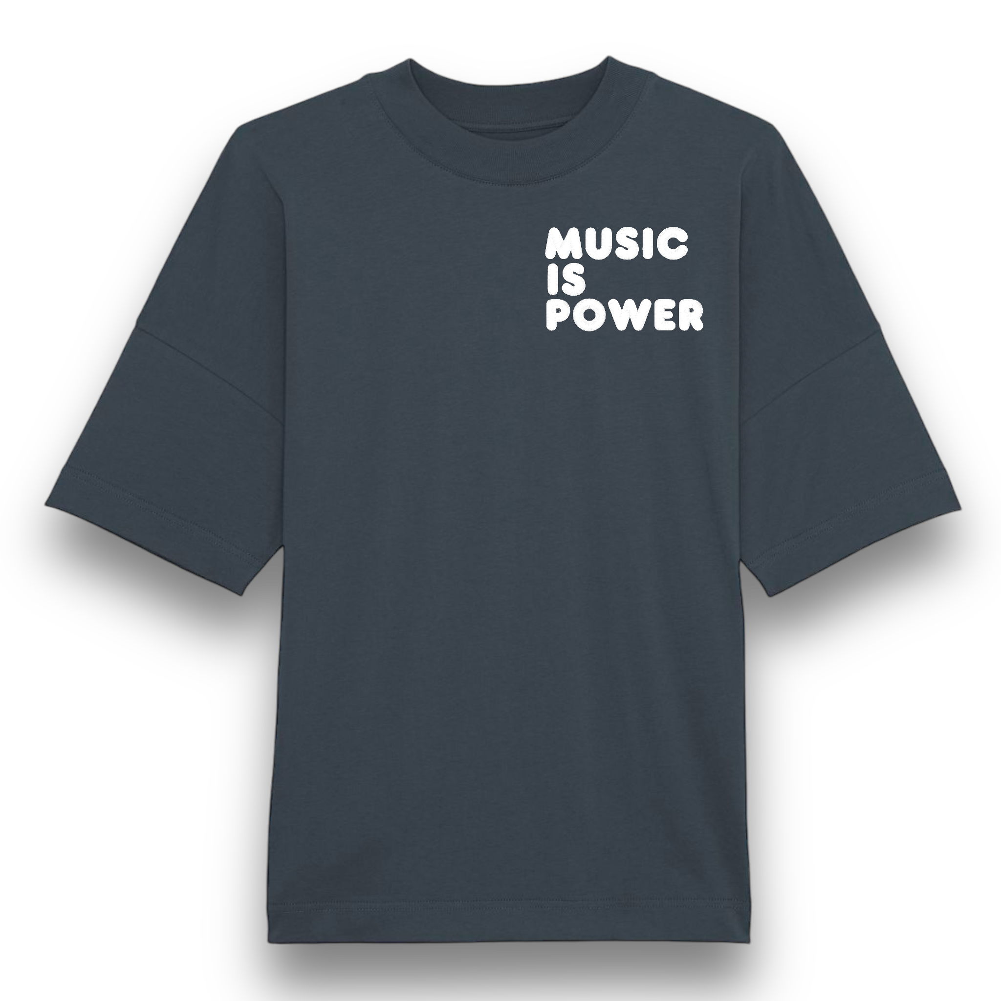 'MUSIC IS POWER' embroidered heavy weight organic cotton men's drop shoulder 'blaster' t-shirt - inspired by Richard Ashcroft