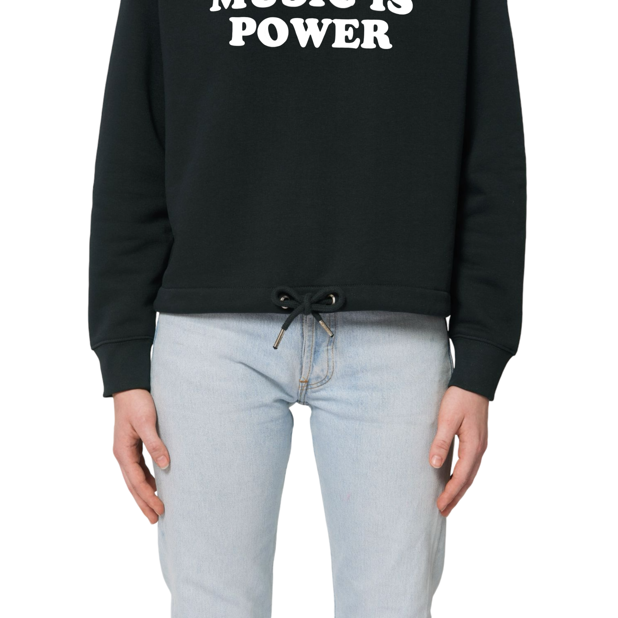 'MUSIC IS POWER' embroidered organic women's cropped 'bower' hoodie