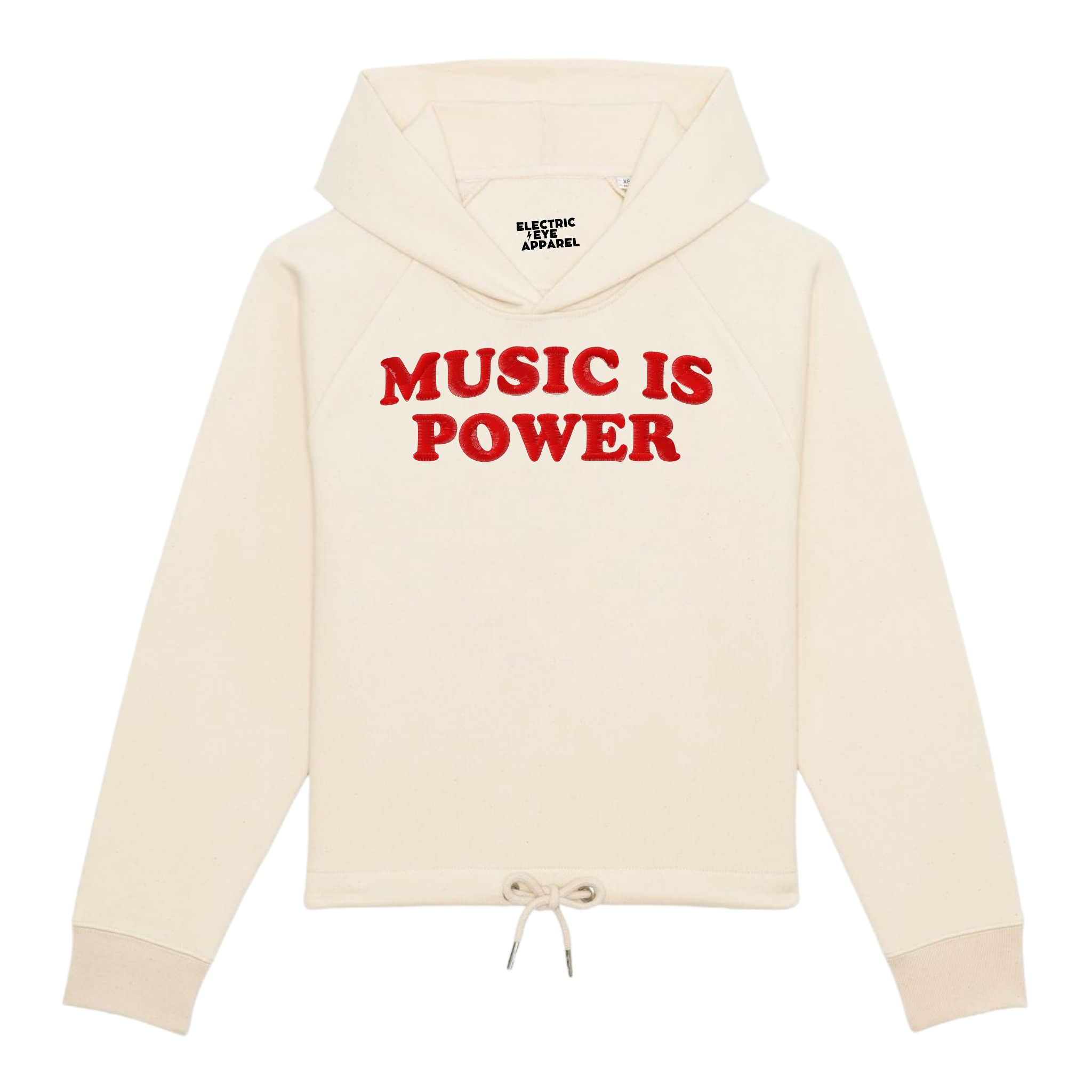 'MUSIC IS POWER' embroidered organic women's cropped 'bower' hoodie