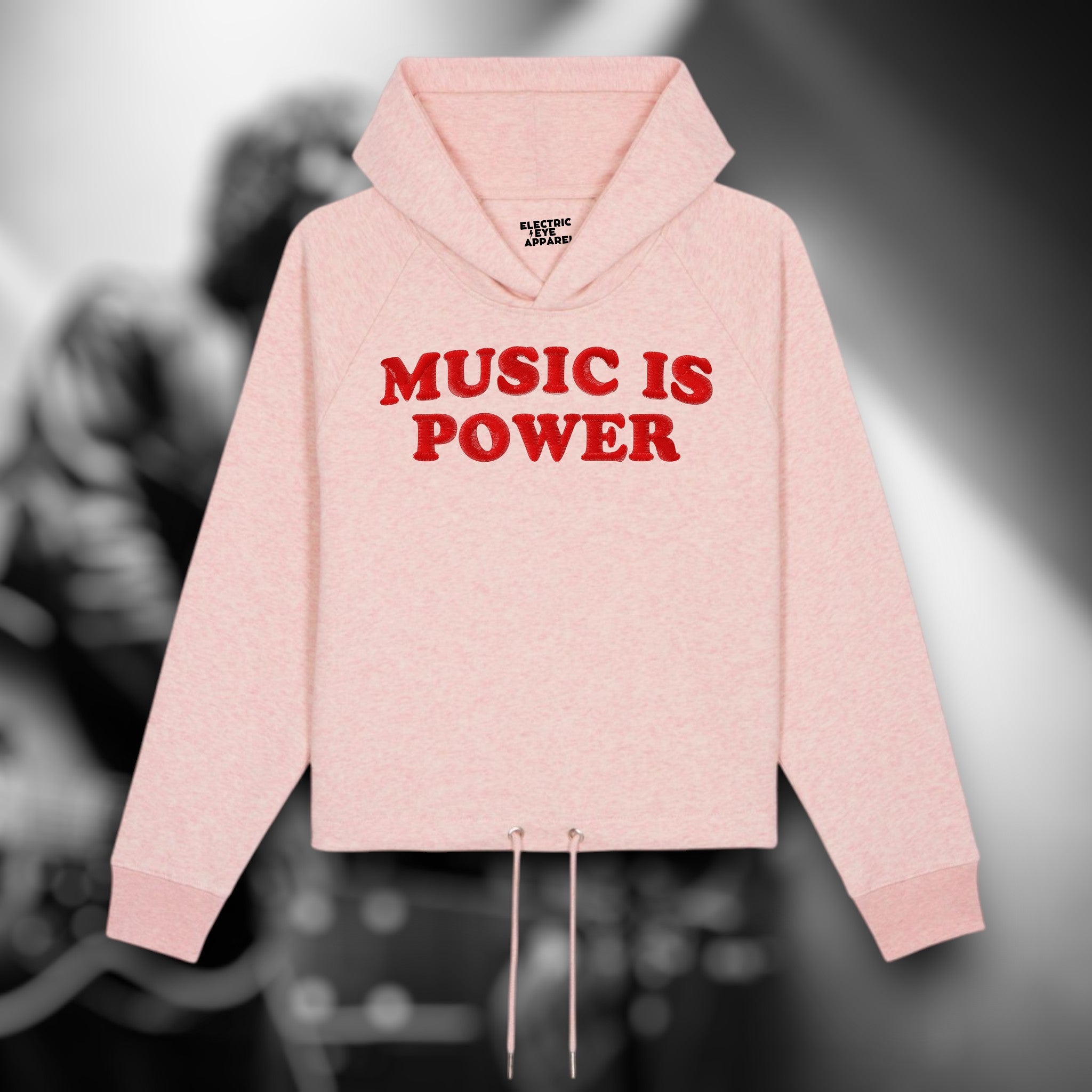 'MUSIC IS POWER' embroidered organic women's cropped 'bower' hoodie