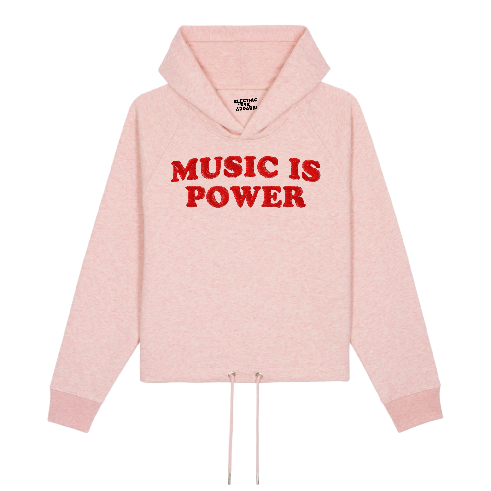 'MUSIC IS POWER' embroidered organic women's cropped 'bower' hoodie