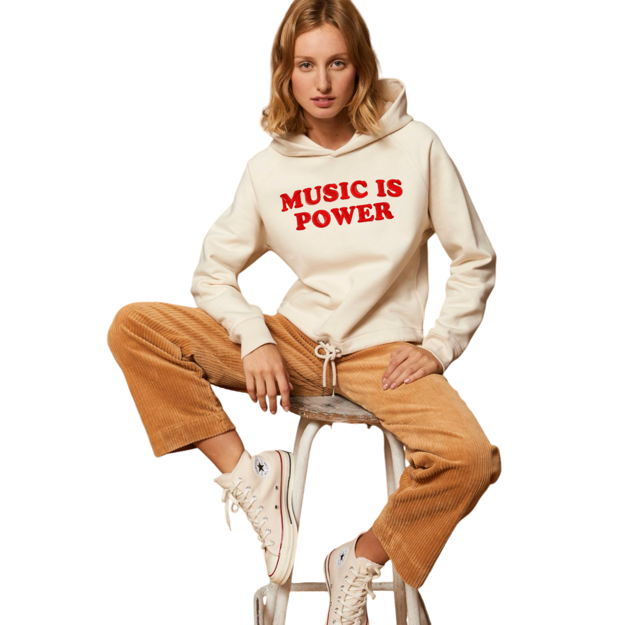 'MUSIC IS POWER' embroidered organic women's cropped 'bower' hoodie