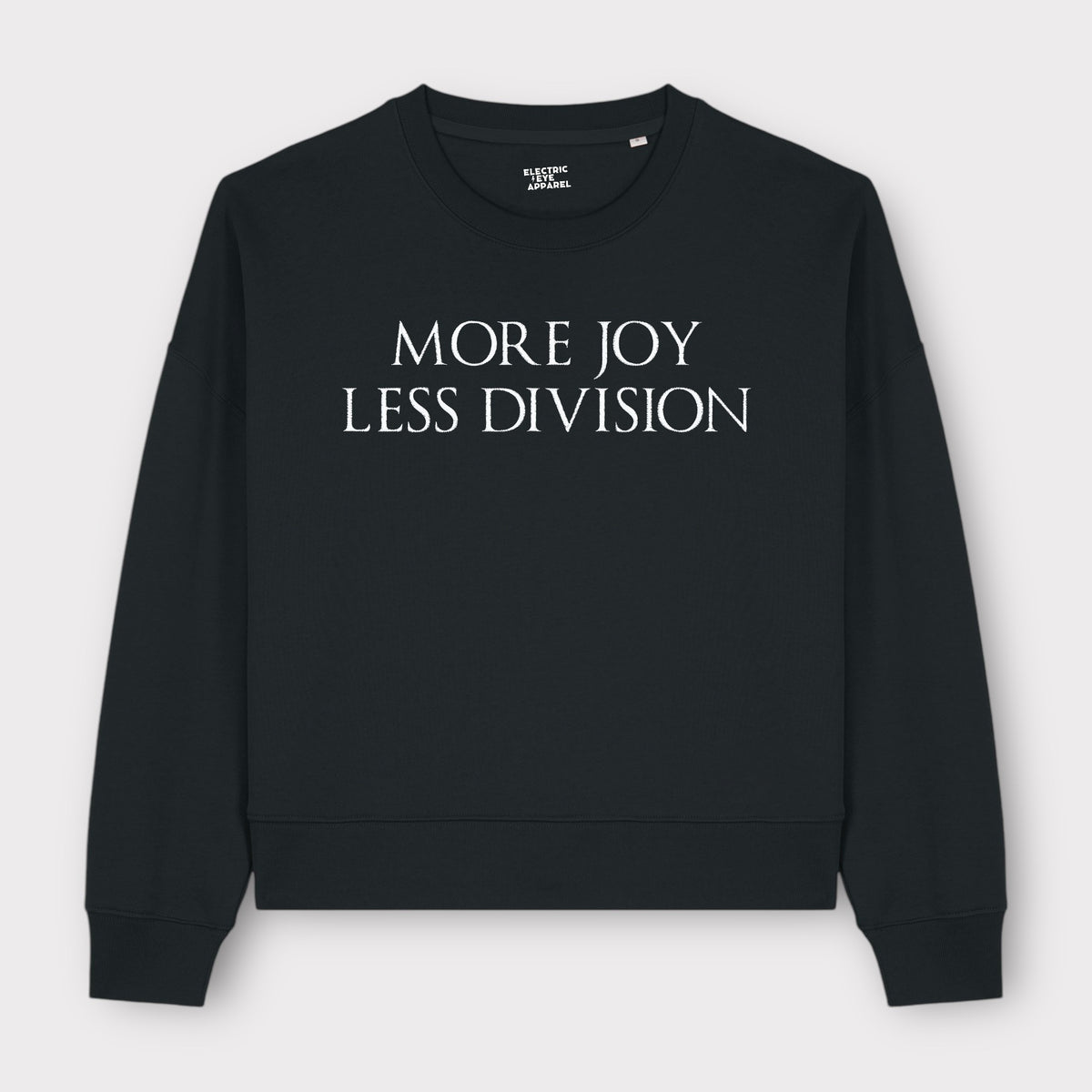 'MORE JOY LESS DIVISION' embroidered organic women's 90s dropped shoul