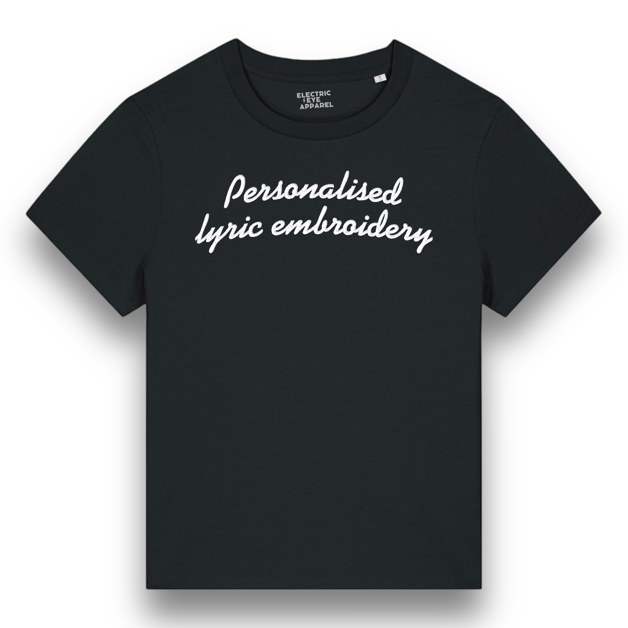 Personalised Lyric Centre Chest Embroidered premium organic iconic women's 'Muser' t-shirt - choose your own lyrics, font and thread colour