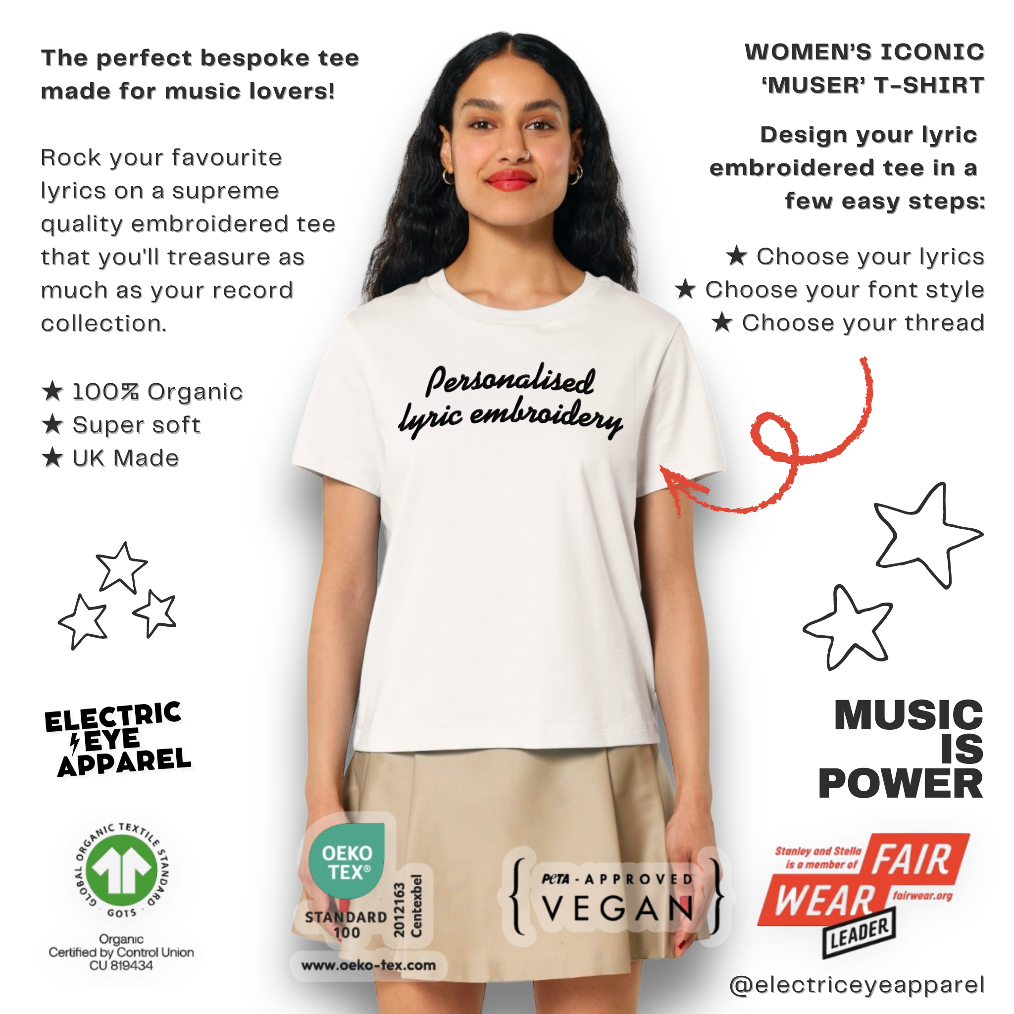 Personalised Lyric Centre Chest Embroidered premium organic iconic women's 'Muser' t-shirt - choose your own lyrics, font and thread colour