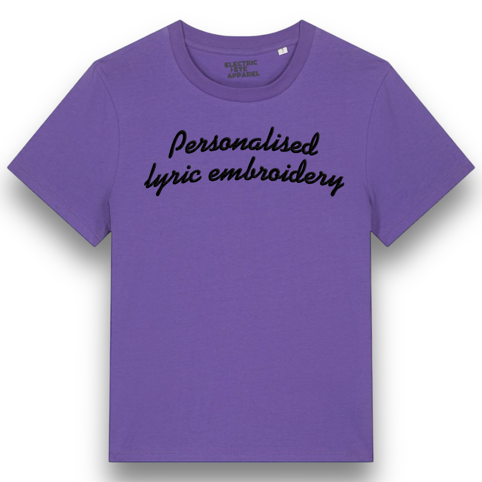 Personalised Lyric Centre Chest Embroidered premium organic iconic women's 'Muser' t-shirt - choose your own lyrics, font and thread colour