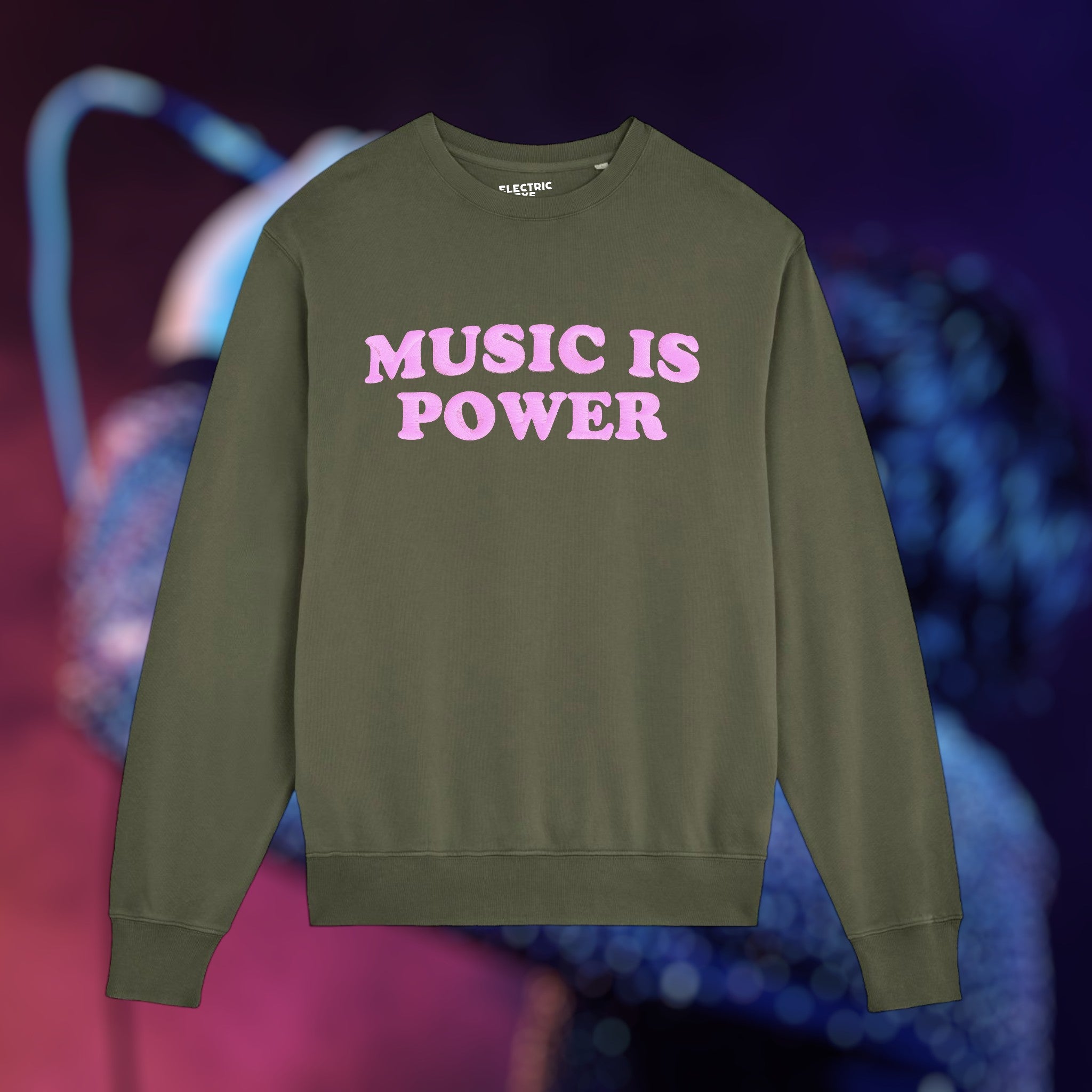 'MUSIC IS POWER' embroidered organic unisex vintage style sweatshirt