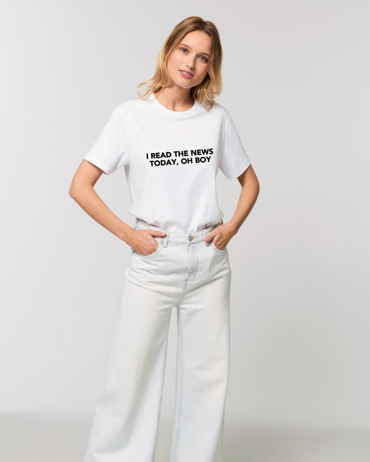 SAMPLE SALE 'I READ THE NEWS TODAY, OH BOY' EMBROIDERED UNISEX MEDIUM FIT ORGANIC COTTON T-SHIRT (SIZE XXL)