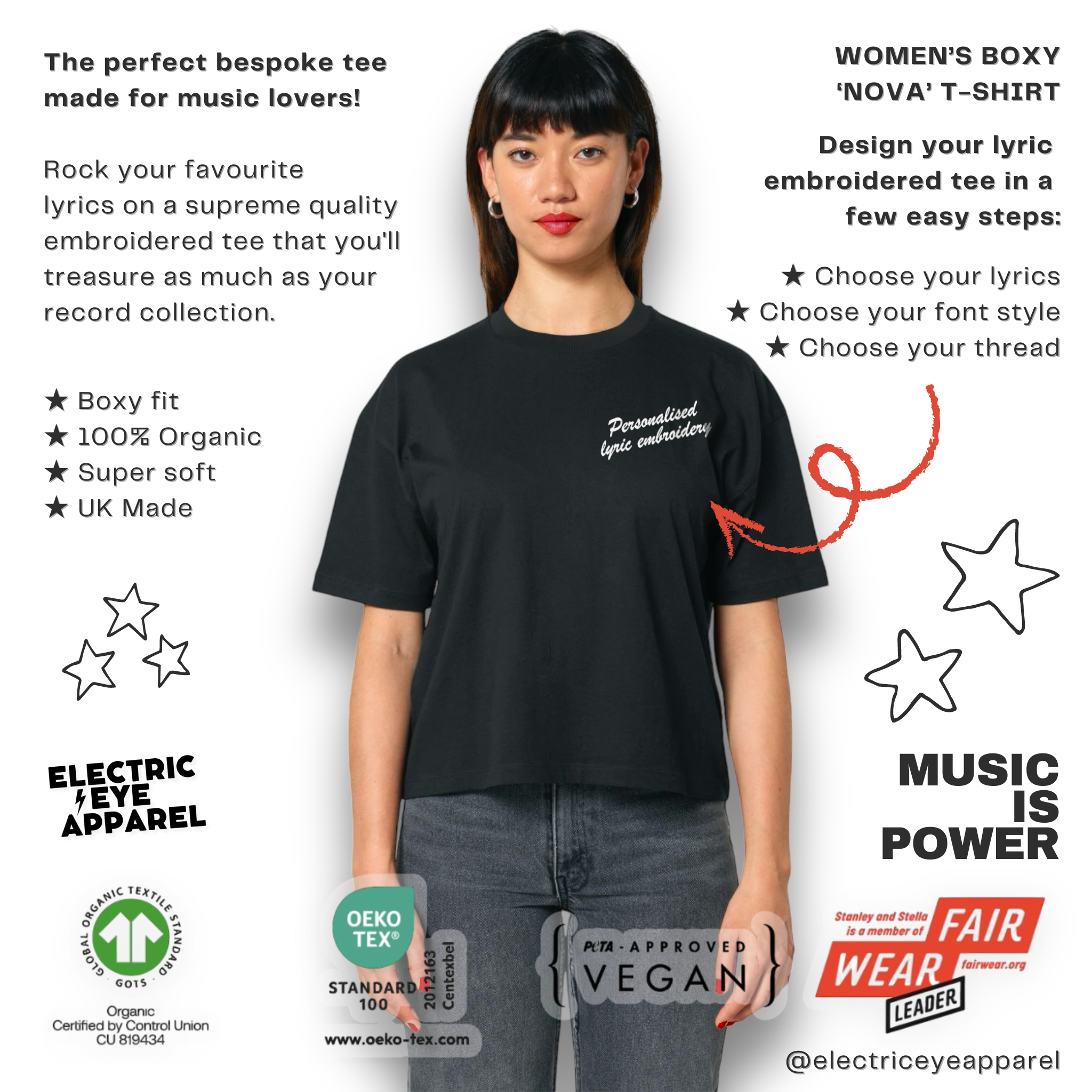 Personalised Lyric Left Chest Embroidered premium organic women's boxy 'Nova' t-shirt - choose your own lyrics, font and thread colour