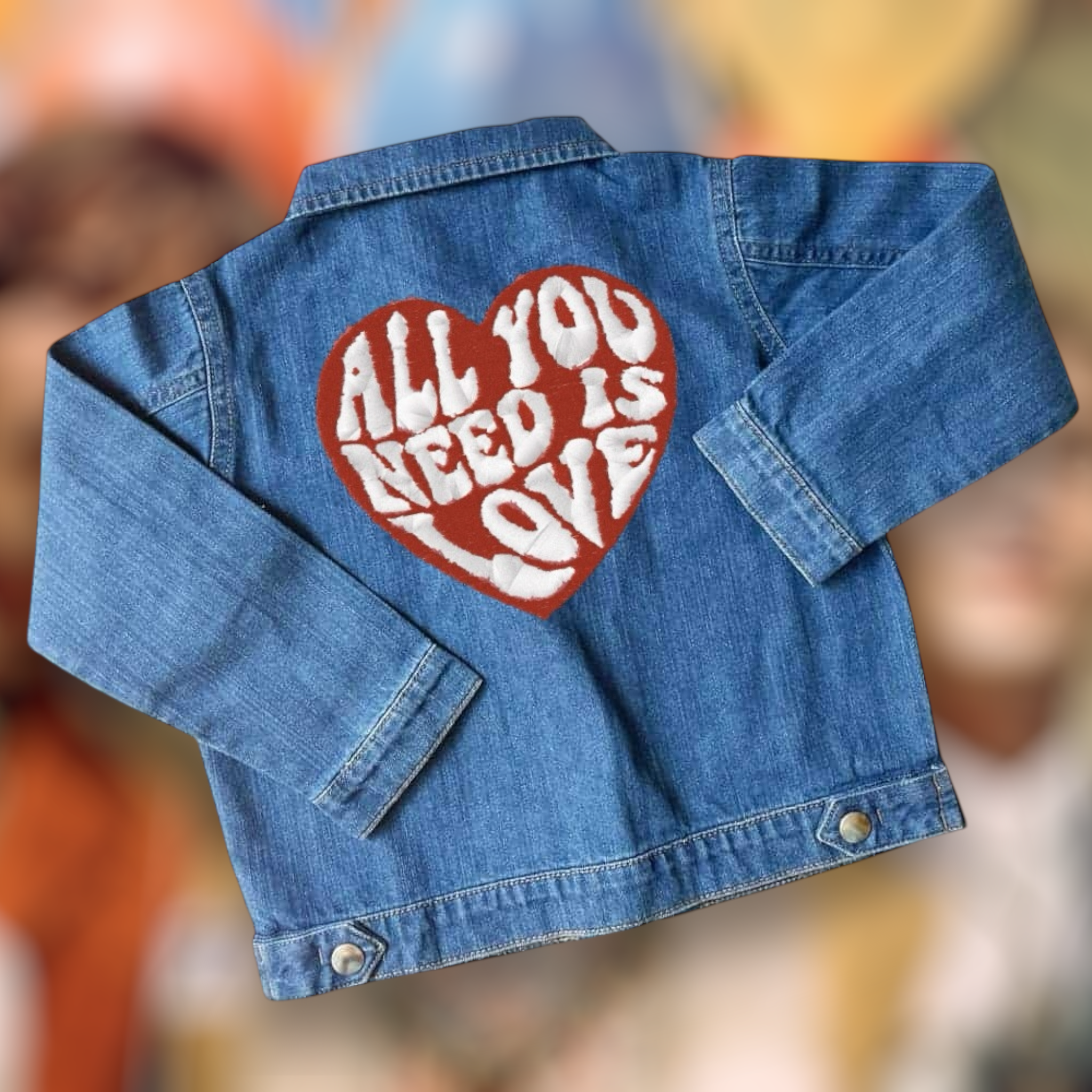 'ALL YOU NEED IS LOVE' retro 70s heart badge embroidered 100% organic cotton 'Baby Rocks' denim jacket - inspired by The Beatles