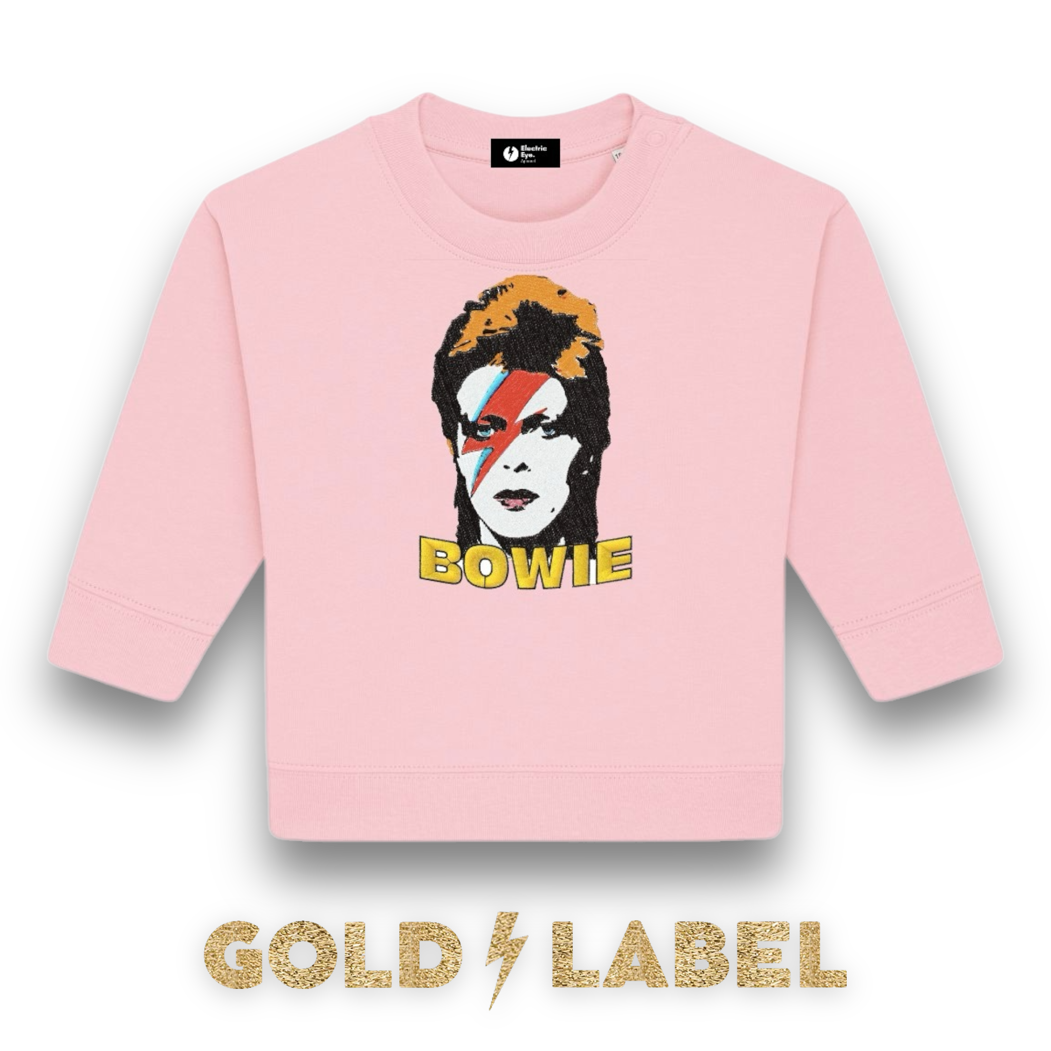 GOLD LABEL BABY / TODDLER RETRO BOWIE POP-ART FACE EMBROIDERED ORGANIC COTTON SWEATSHIRT - OPTIONAL 'BOWIE' TEXT COLOUR