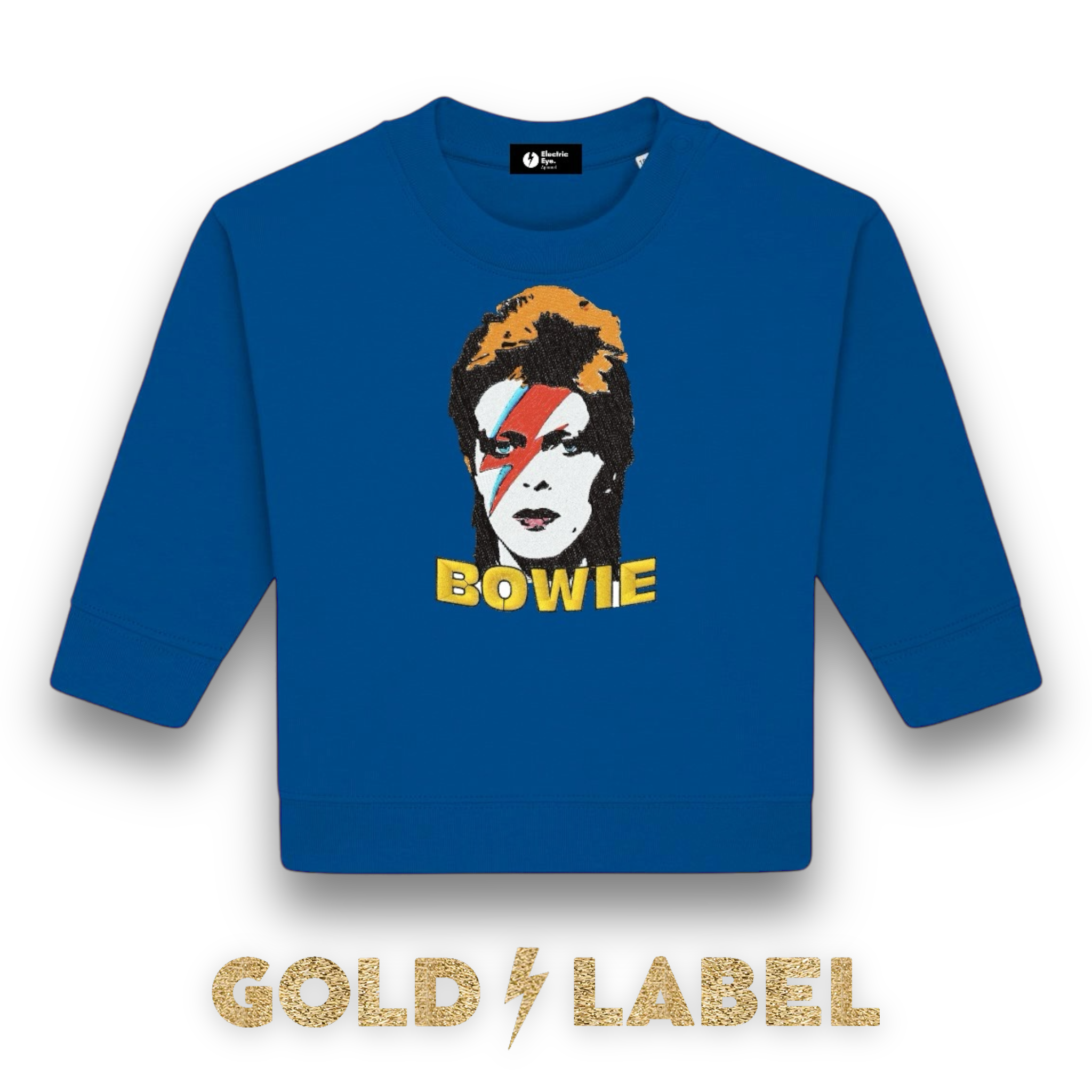 GOLD LABEL BABY / TODDLER RETRO BOWIE POP-ART FACE EMBROIDERED ORGANIC COTTON SWEATSHIRT - OPTIONAL 'BOWIE' TEXT COLOUR