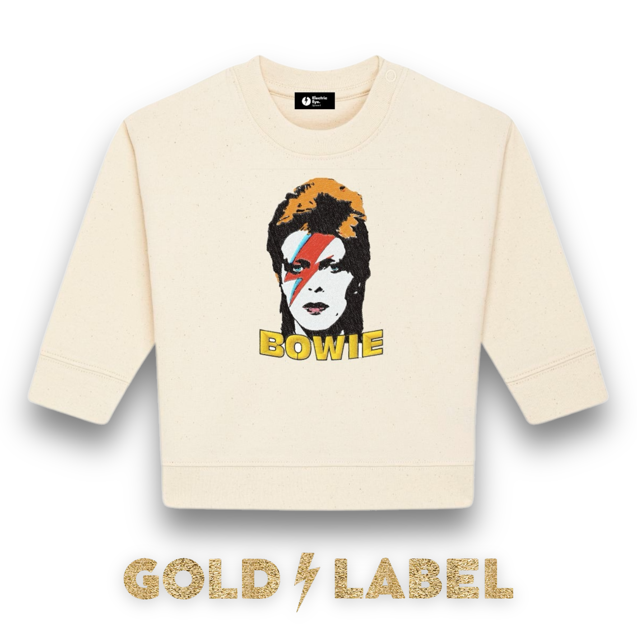 GOLD LABEL BABY / TODDLER RETRO BOWIE POP-ART FACE EMBROIDERED ORGANIC COTTON SWEATSHIRT - OPTIONAL 'BOWIE' TEXT COLOUR