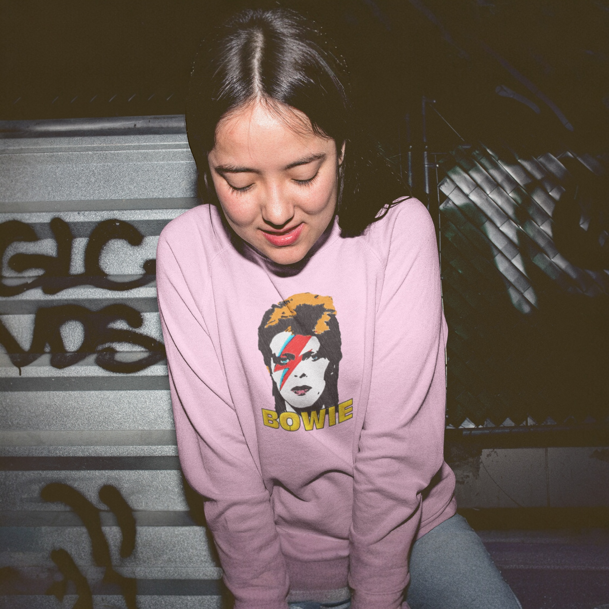 GOLD LABEL UNISEX RETRO BOWIE POP-ART EMBROIDERED ORGANIC COTTON CREW NECK 'ROLLER' SWEATSHIRT - OPTIONAL 'BOWIE' TEXT COLOUR