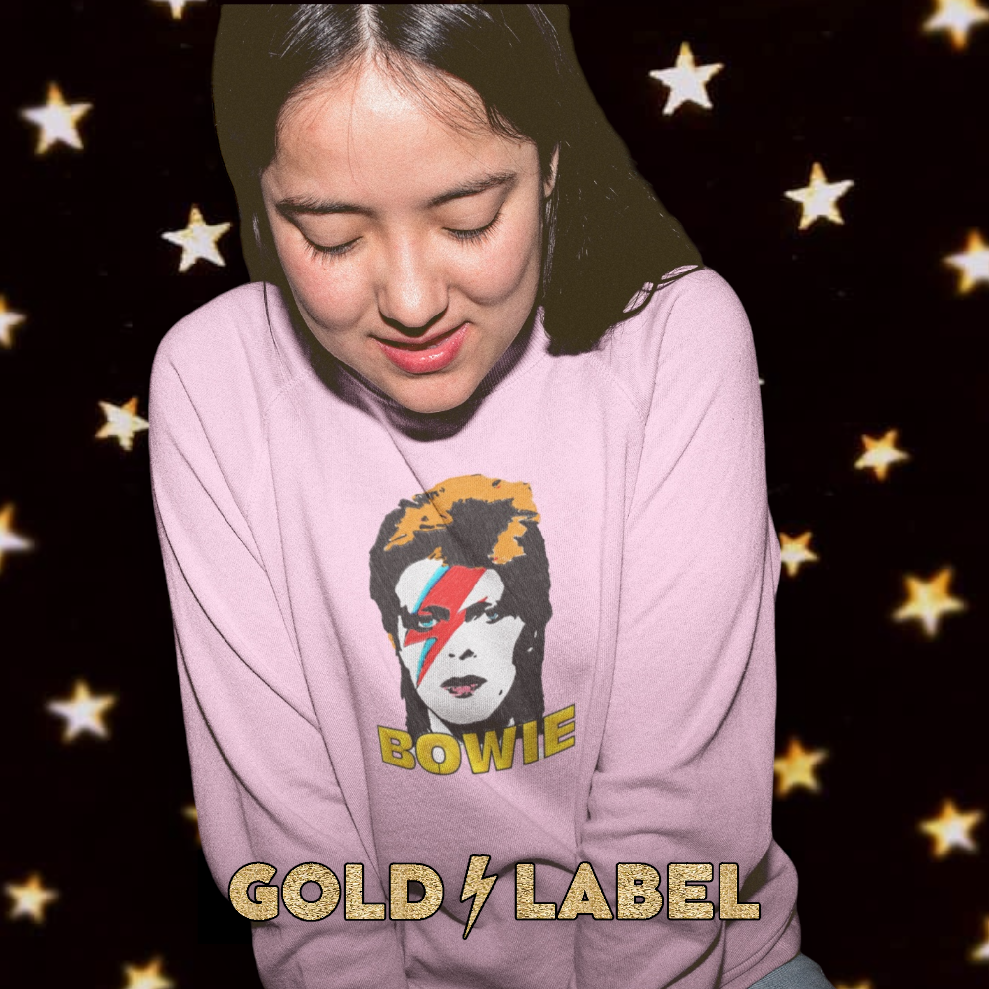 GOLD LABEL UNISEX RETRO BOWIE POP-ART EMBROIDERED ORGANIC COTTON CREW NECK 'ROLLER' SWEATSHIRT - OPTIONAL 'BOWIE' TEXT COLOUR