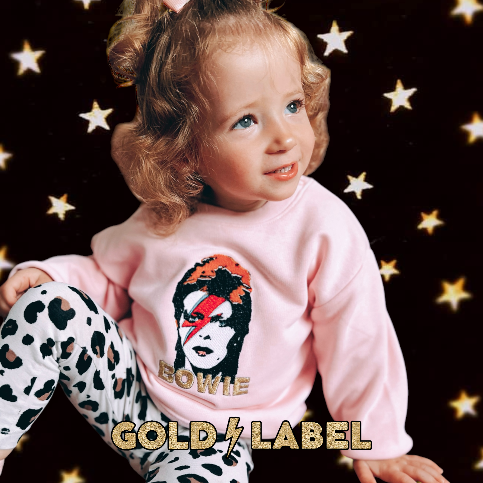 GOLD LABEL BABY / TODDLER RETRO BOWIE POP-ART FACE EMBROIDERED ORGANIC COTTON SWEATSHIRT - OPTIONAL 'BOWIE' TEXT COLOUR