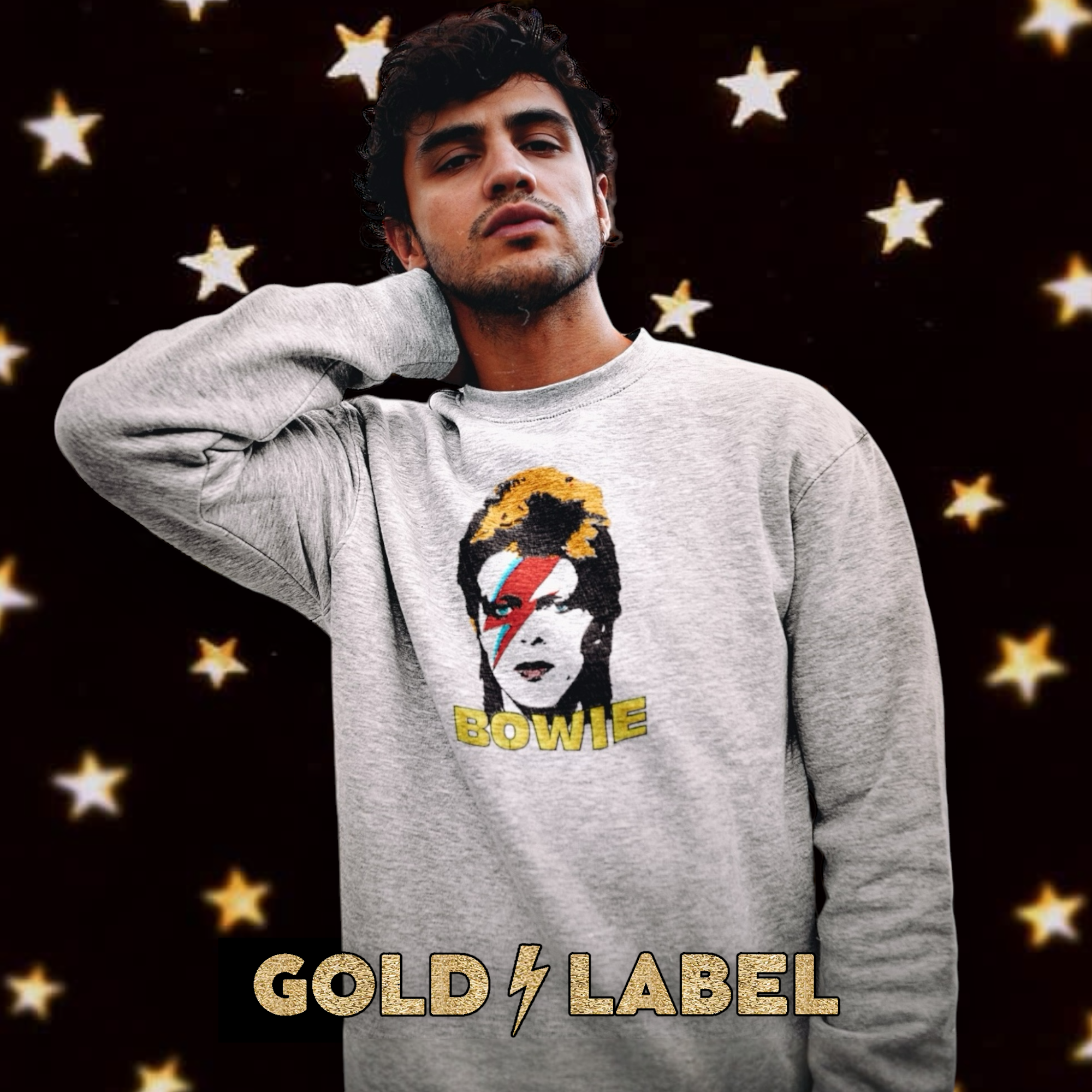 GOLD LABEL UNISEX RETRO BOWIE POP-ART EMBROIDERED ORGANIC COTTON CREW NECK 'ROLLER' SWEATSHIRT - OPTIONAL 'BOWIE' TEXT COLOUR