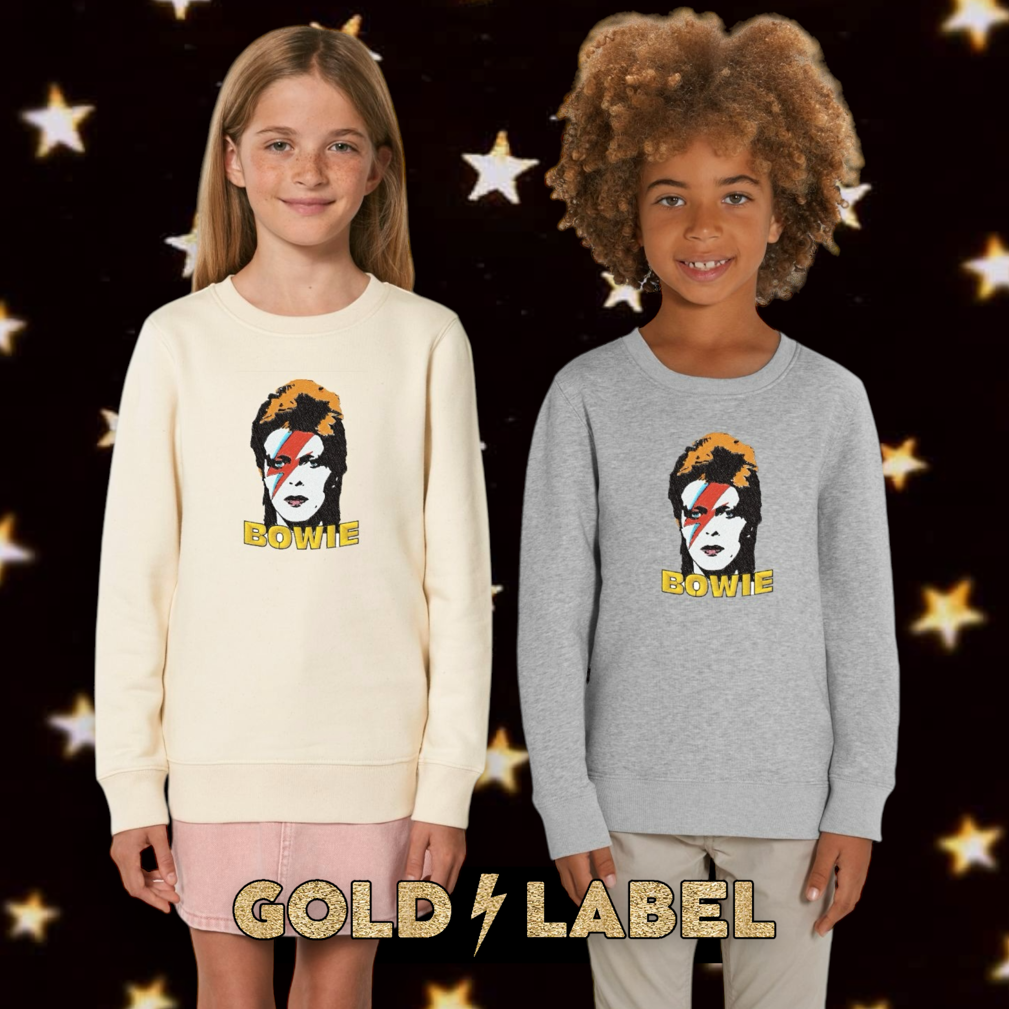 GOLD LABEL KIDS RETRO BOWIE POP-ART EMBROIDERED ORGANIC COTTON 'MINI CHANGER' SWEATSHIRT - OPTIONAL 'BOWIE' TEXT COLOUR