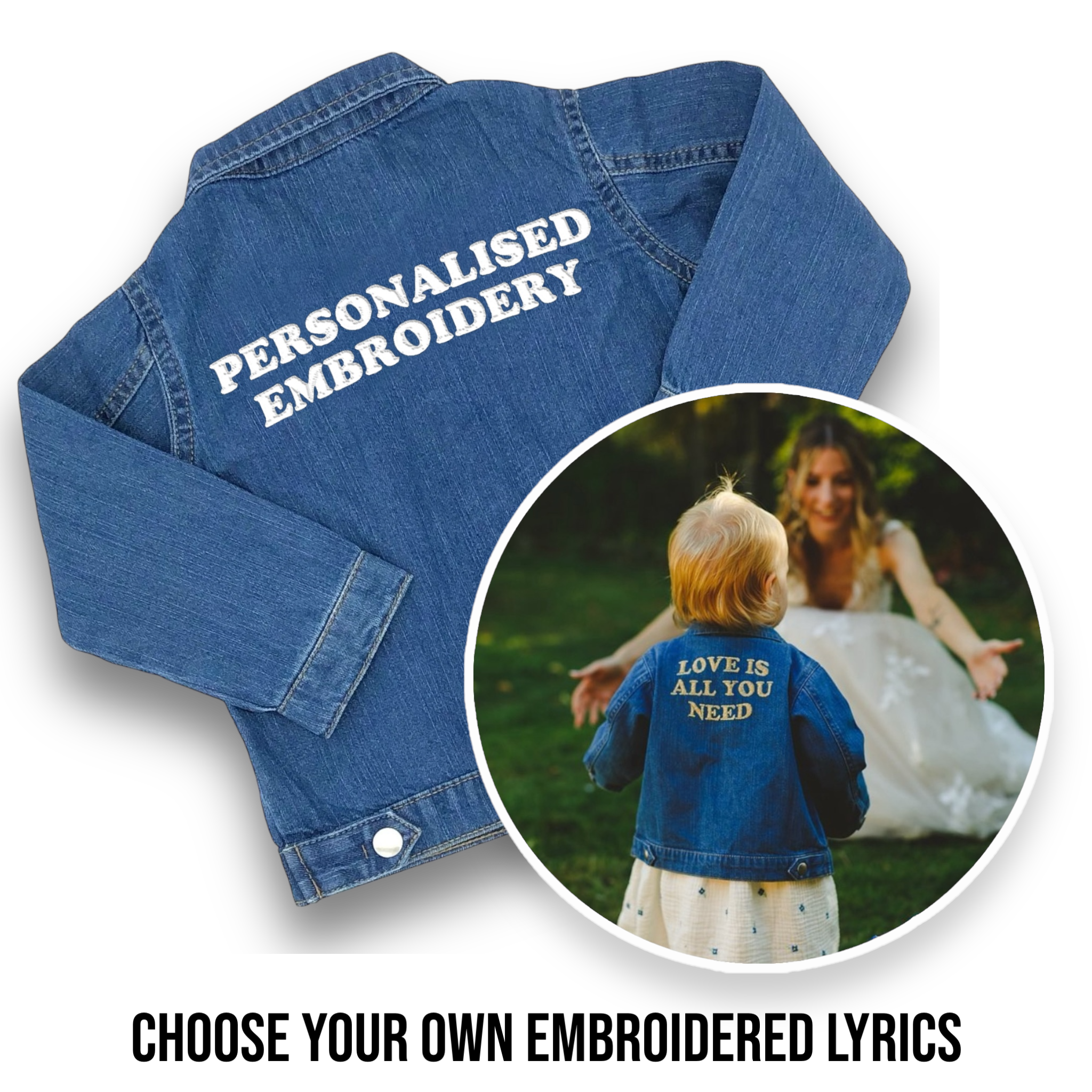 Personalised Lyric Embroidered Kids 100% organic cotton 'Baby Rocks' denim jacket - choose your own lyrics, font and thread colour