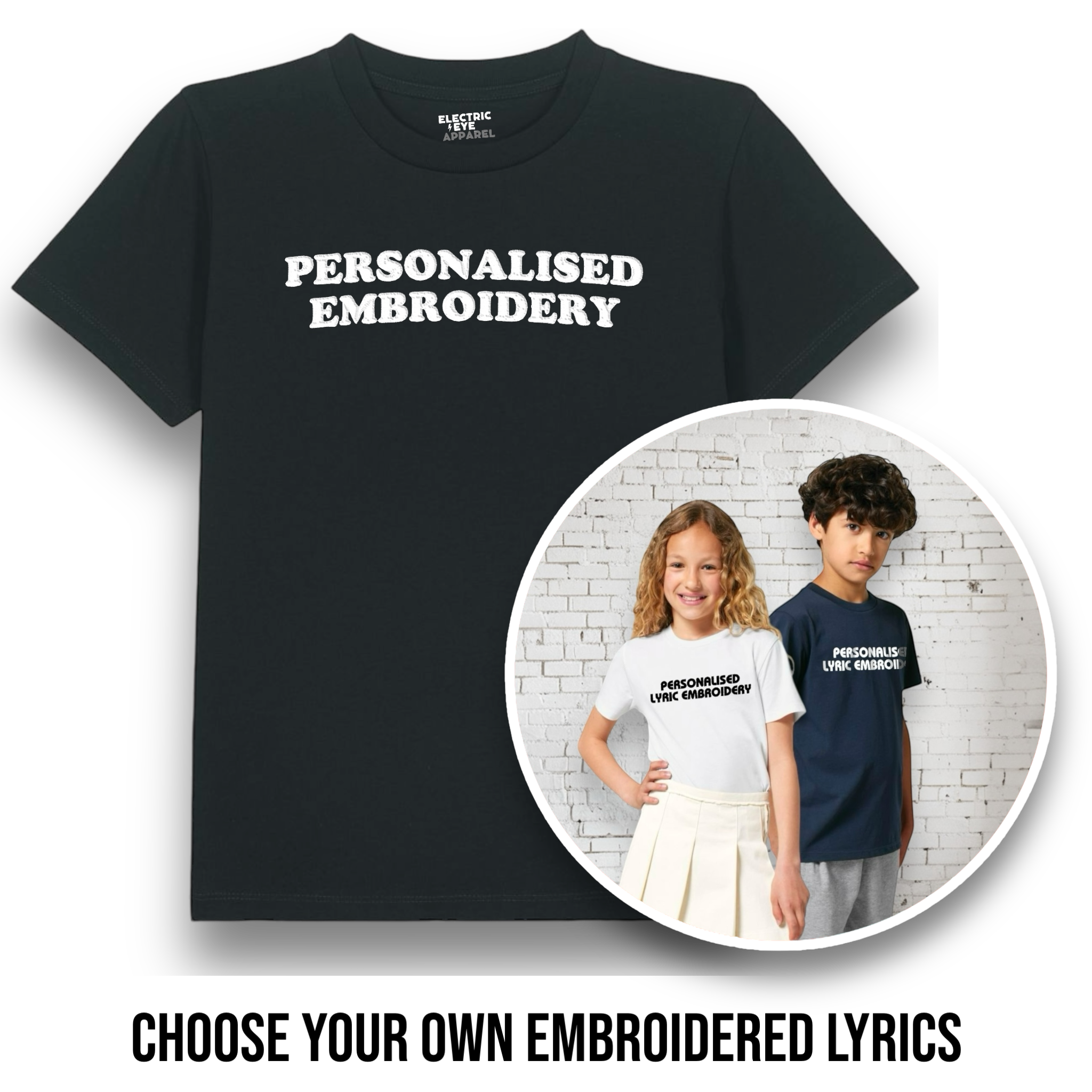 Personalised Lyric Centre Chest Embroidered premium organic iconic kids classic 'Mini Rocker' t-shirt - choose your own lyrics, font and thread colour