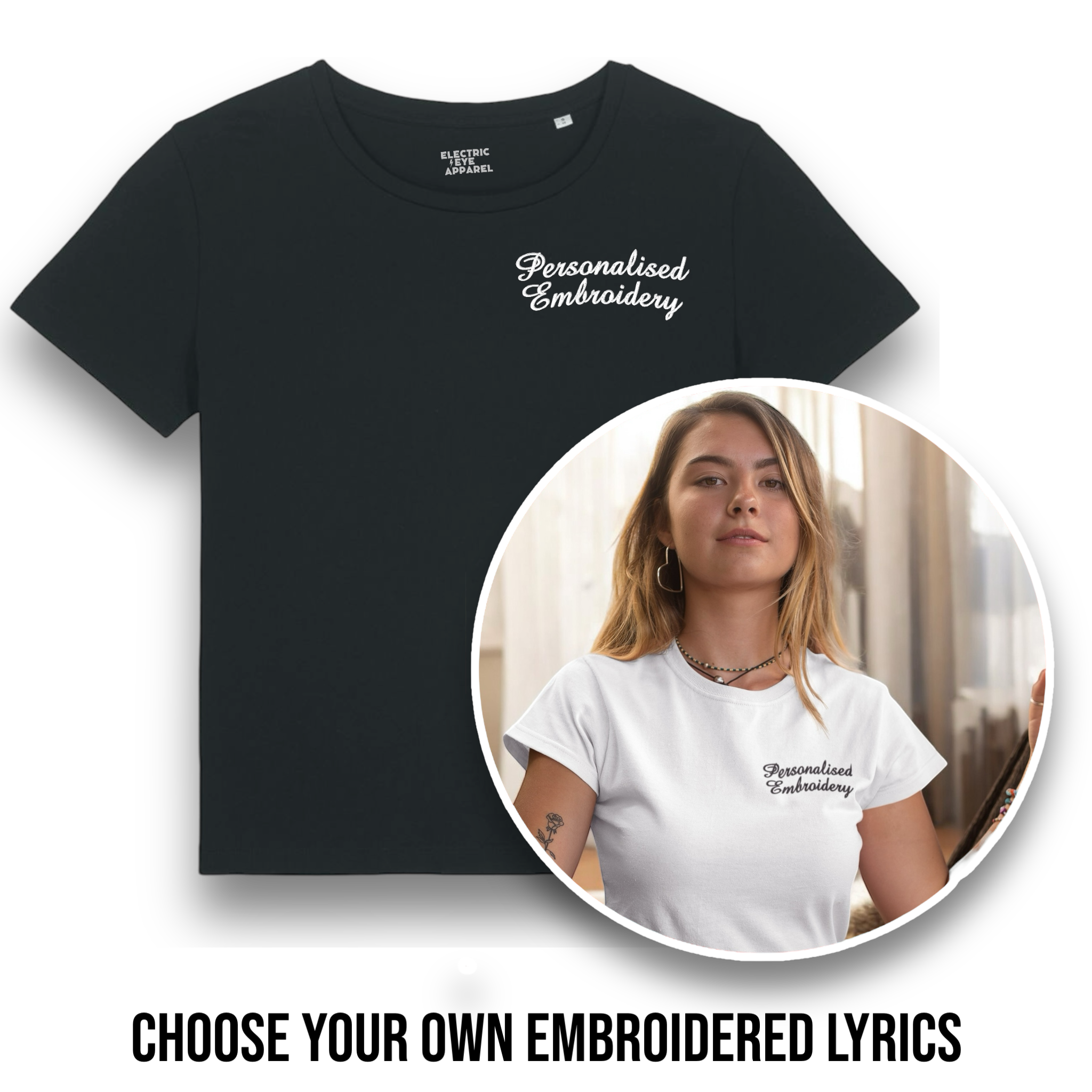 Personalised Lyric Left Chest Embroidered premium organic women's iconic mid-light 'Sienna' t-shirt - choose your own lyrics, font and thread colour