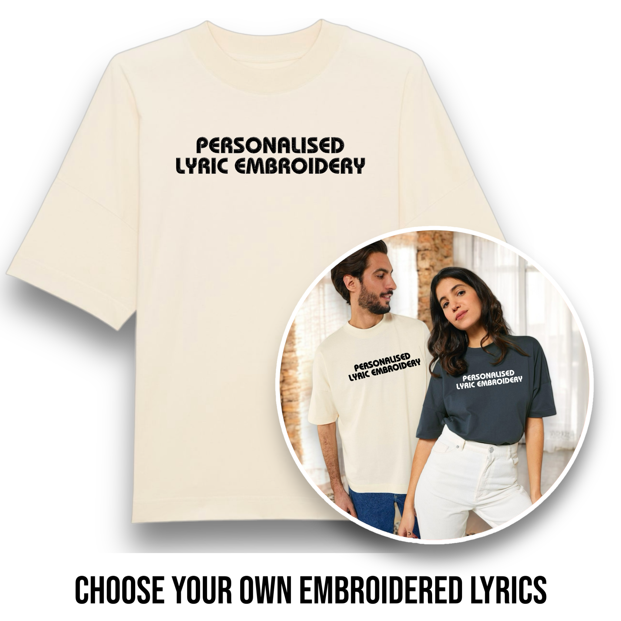 Personalised Lyric Centre Chest Embroidered premium organic iconic unisex heavy dropped shoulder 'Blaster' t-shirt - choose your own lyrics, font and thread colour