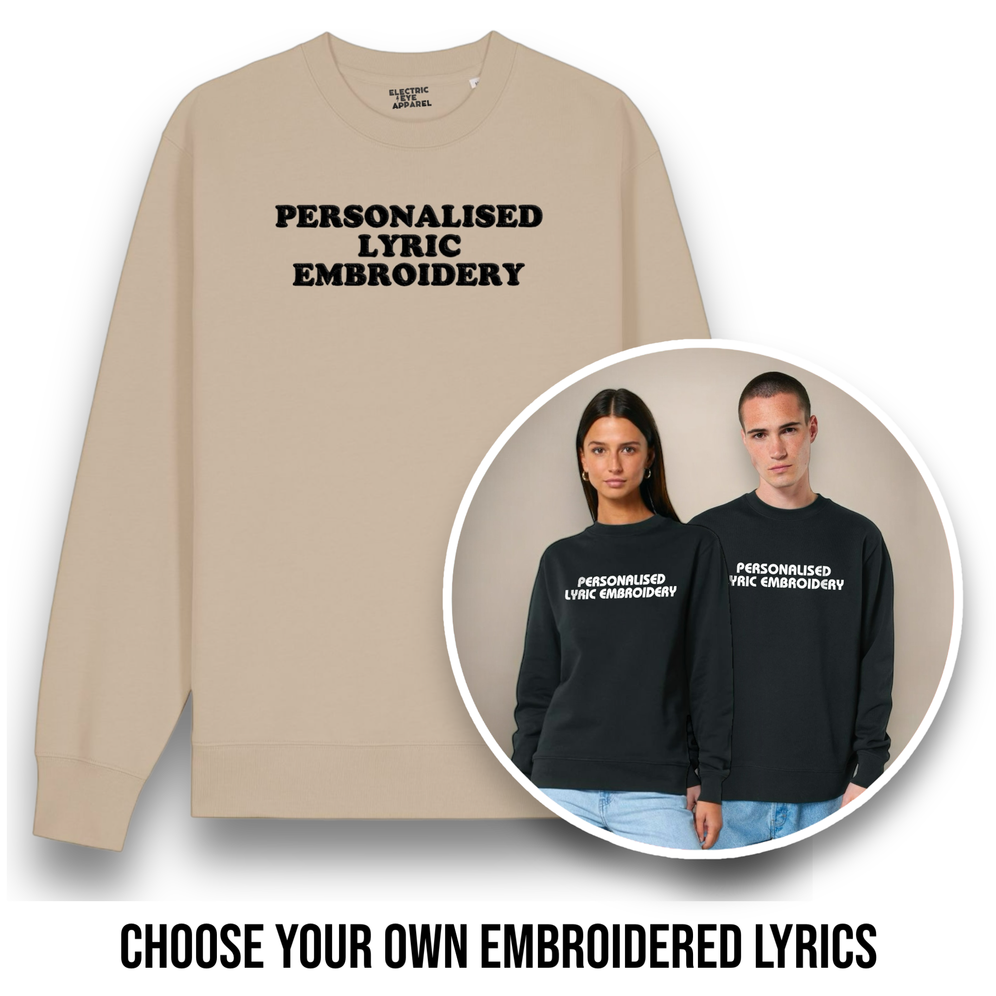 Personalised Lyric Centre Chest Embroidered premium organic unisex classic crew neck 'Changer' sweatshirt - choose your own lyrics, font and thread colour