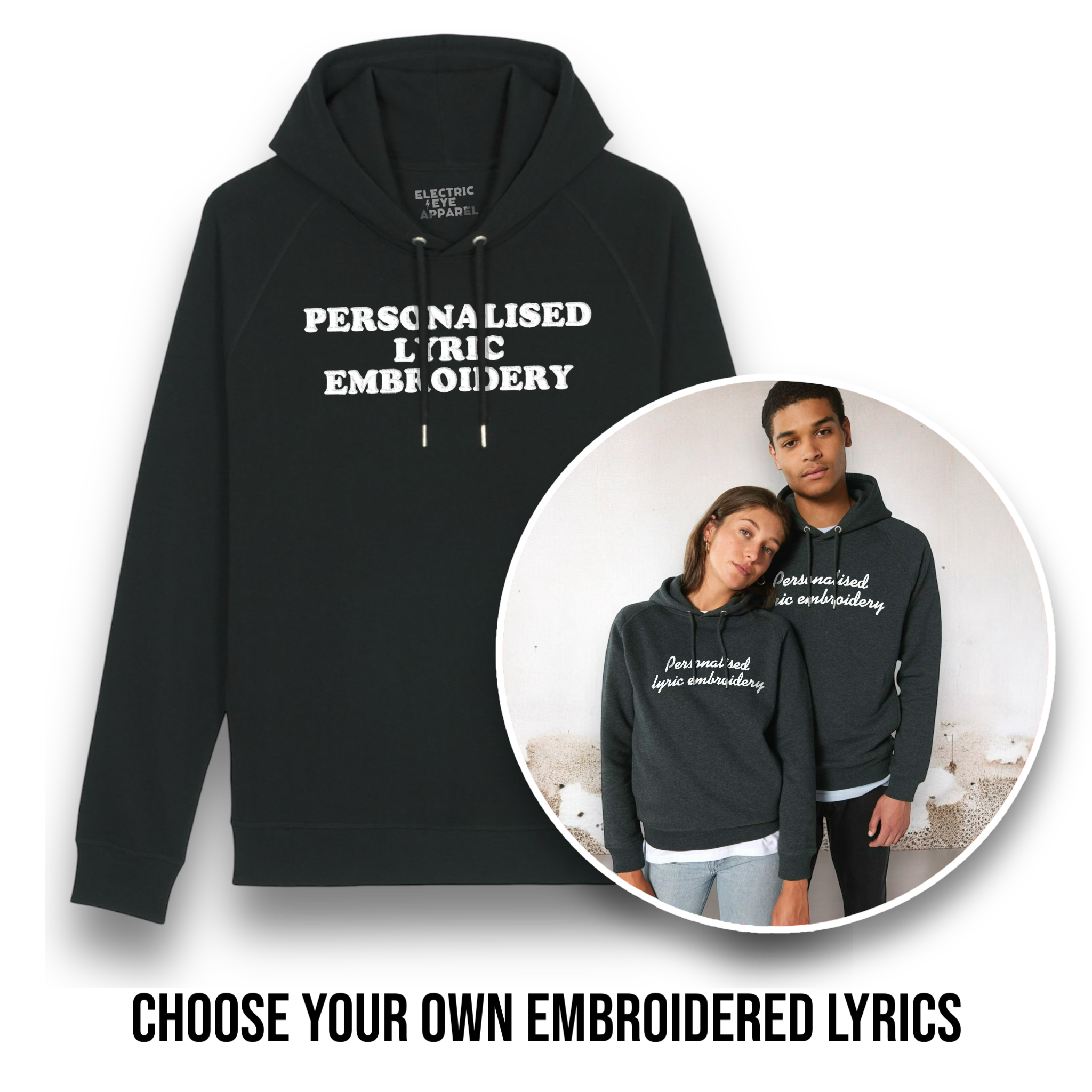 Personalised Lyric Centre Chest Embroidered premium organic unisex side pocket 'Sider' hoodie - choose your own lyrics, font and thread colour