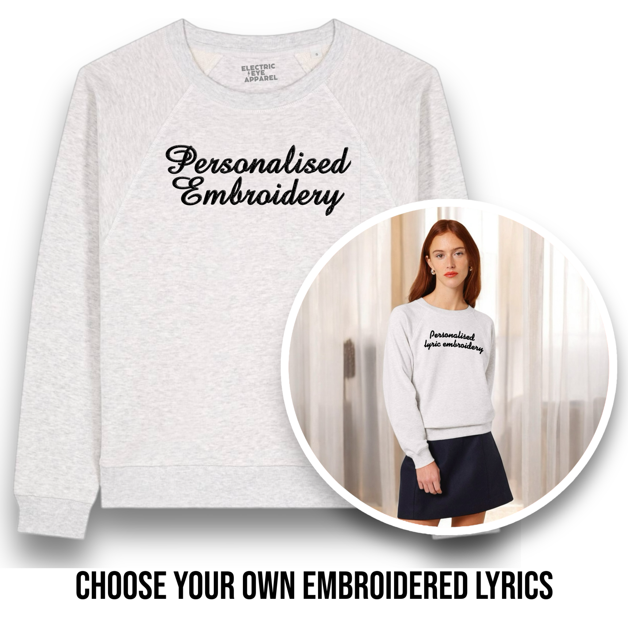 Personalised Lyric Centre Chest Embroidered premium organic women's raglan sleeve 'Clara' sweatshirt - choose your own lyrics, font and thread colour