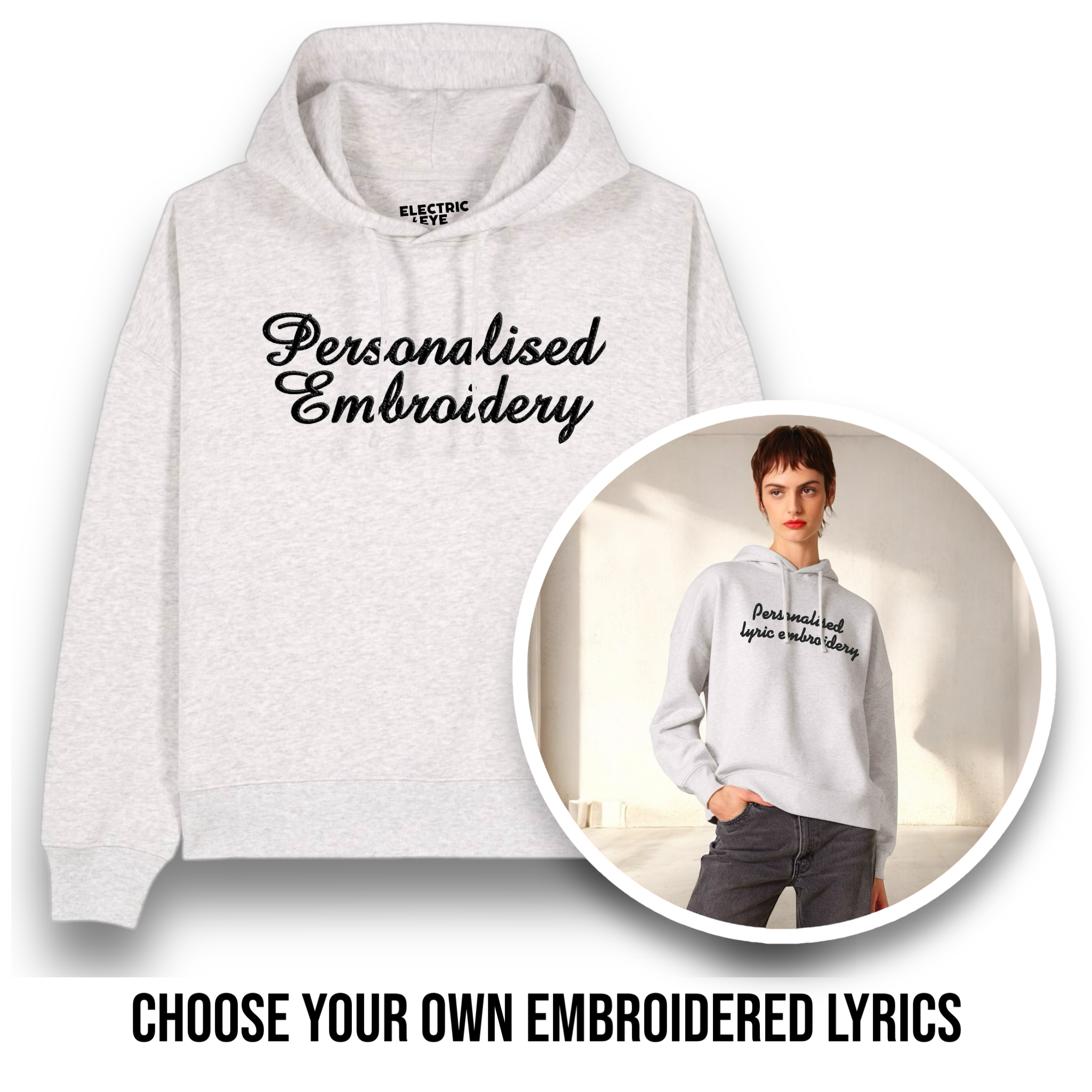 Personalised Lyric Centre Chest Embroidered premium organic women's drop shoulder 'Nora' hoodie - choose your own lyrics, font and thread colour