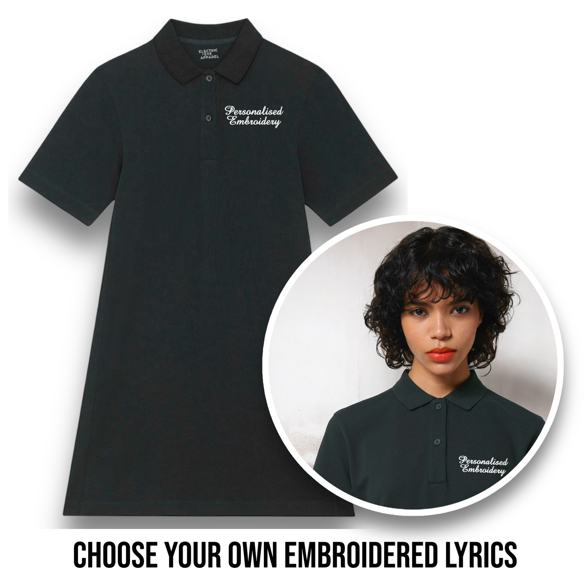 Personalised Lyric Left Chest Embroidered premium organic women's 'Amy' polo shirt dress- choose your own lyrics, font and thread colour