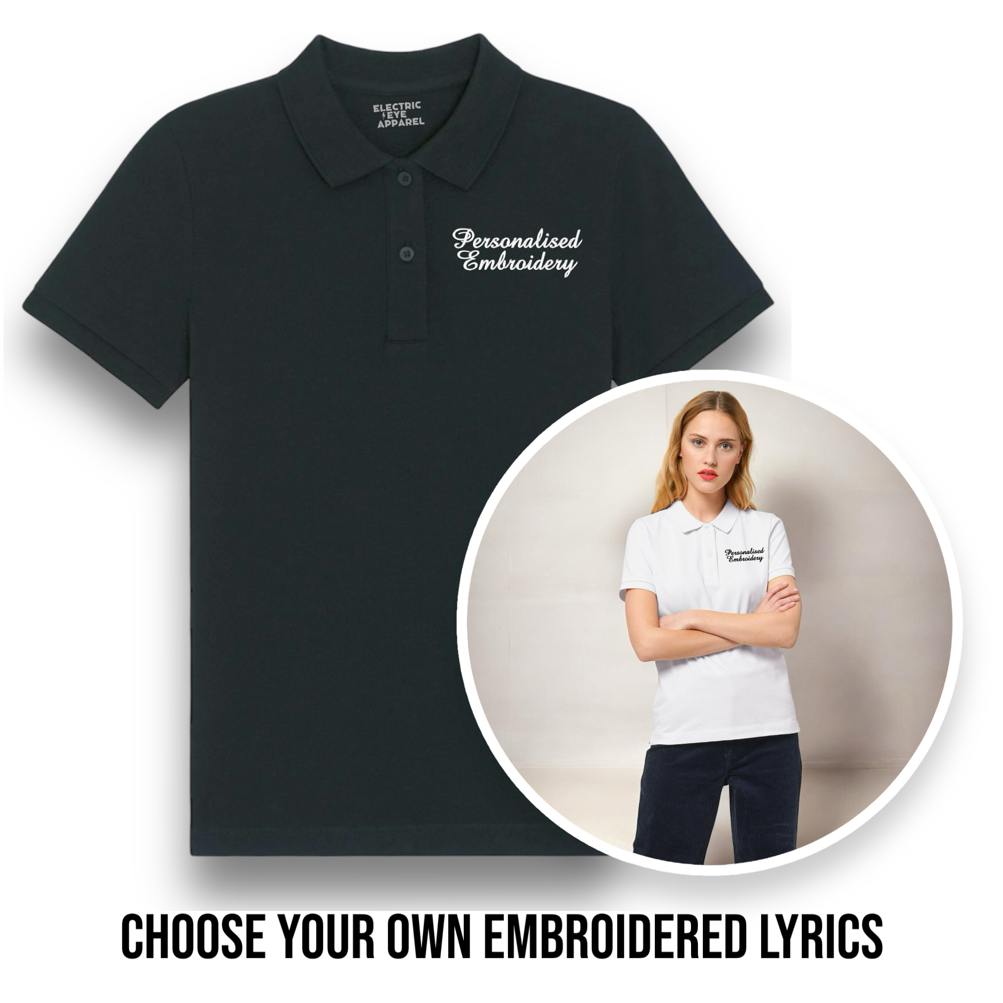 Personalised Lyric Left Chest Embroidered premium organic women's 'Lol' polo shirt - choose your own lyrics, font and thread colour