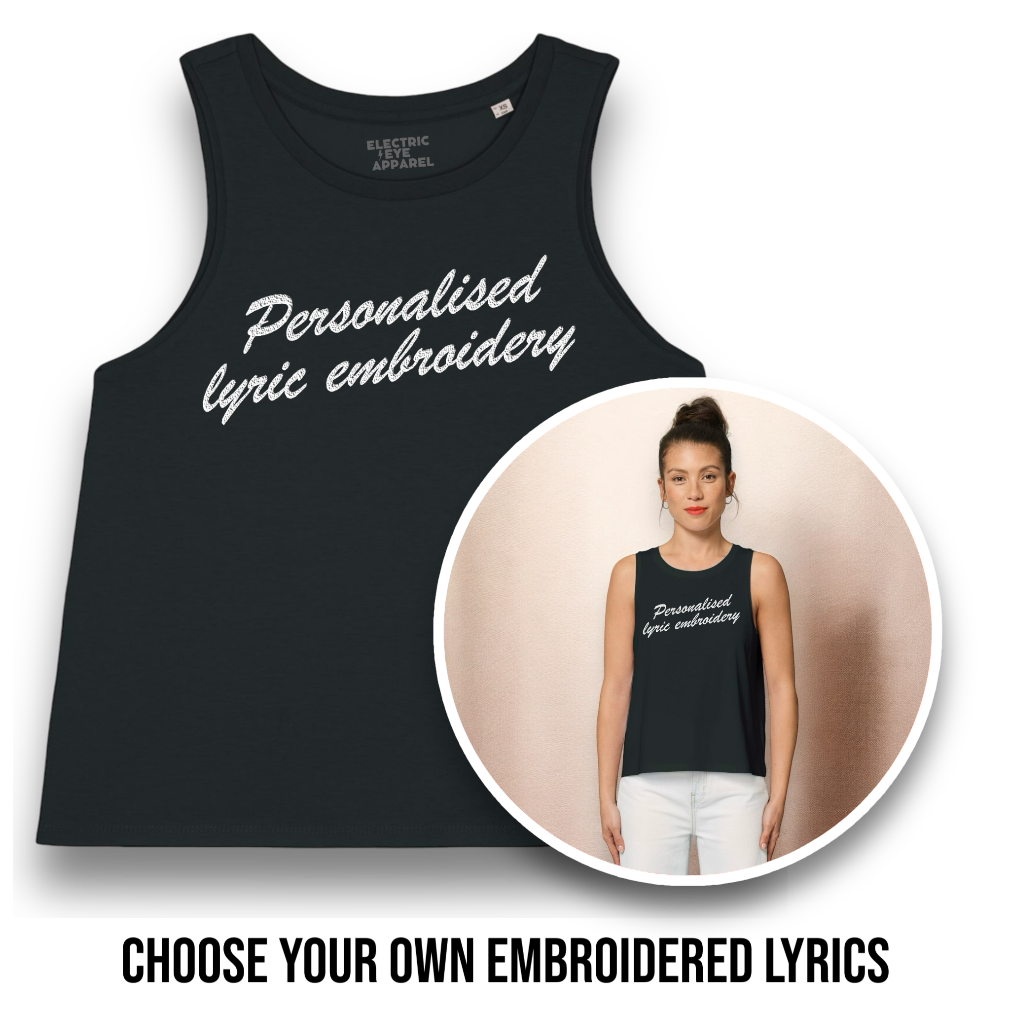 Personalised Lyric Centre Chest Embroidered premium organic iconic women's crop 'Dancer' tank top - choose your own lyrics, font and thread colour