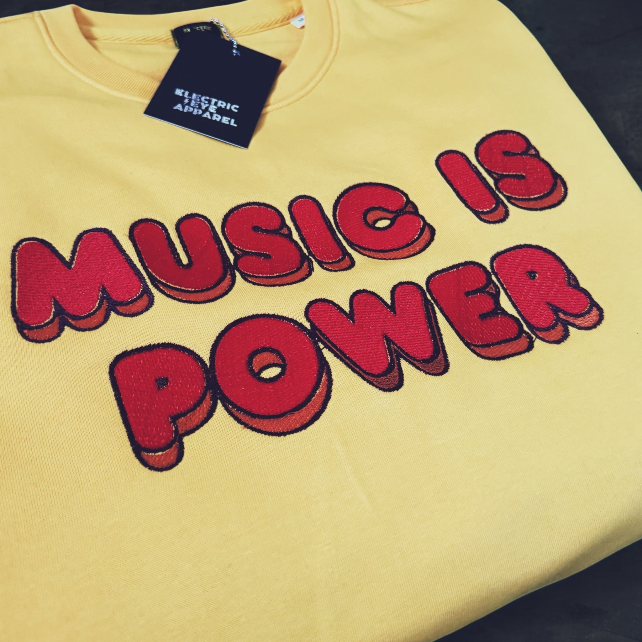 'MUSIC IS POWER' embroidered premium organic cotton sweatshirt - inspired by Richard Ashcroft