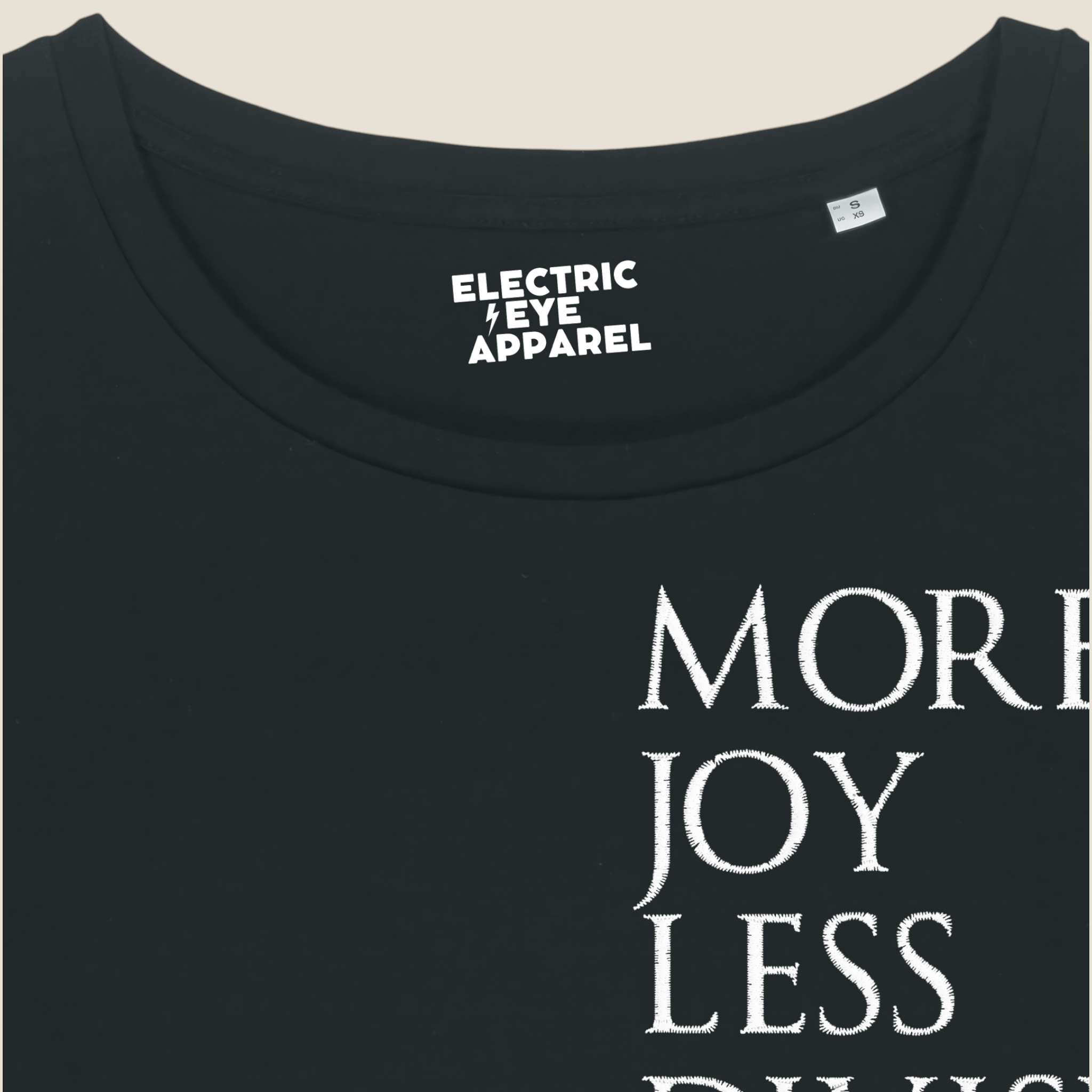 'MORE JOY LESS DIVISION' Left chest embroidered premium organic women's iconic mid-light 'Sienna' t-shirt