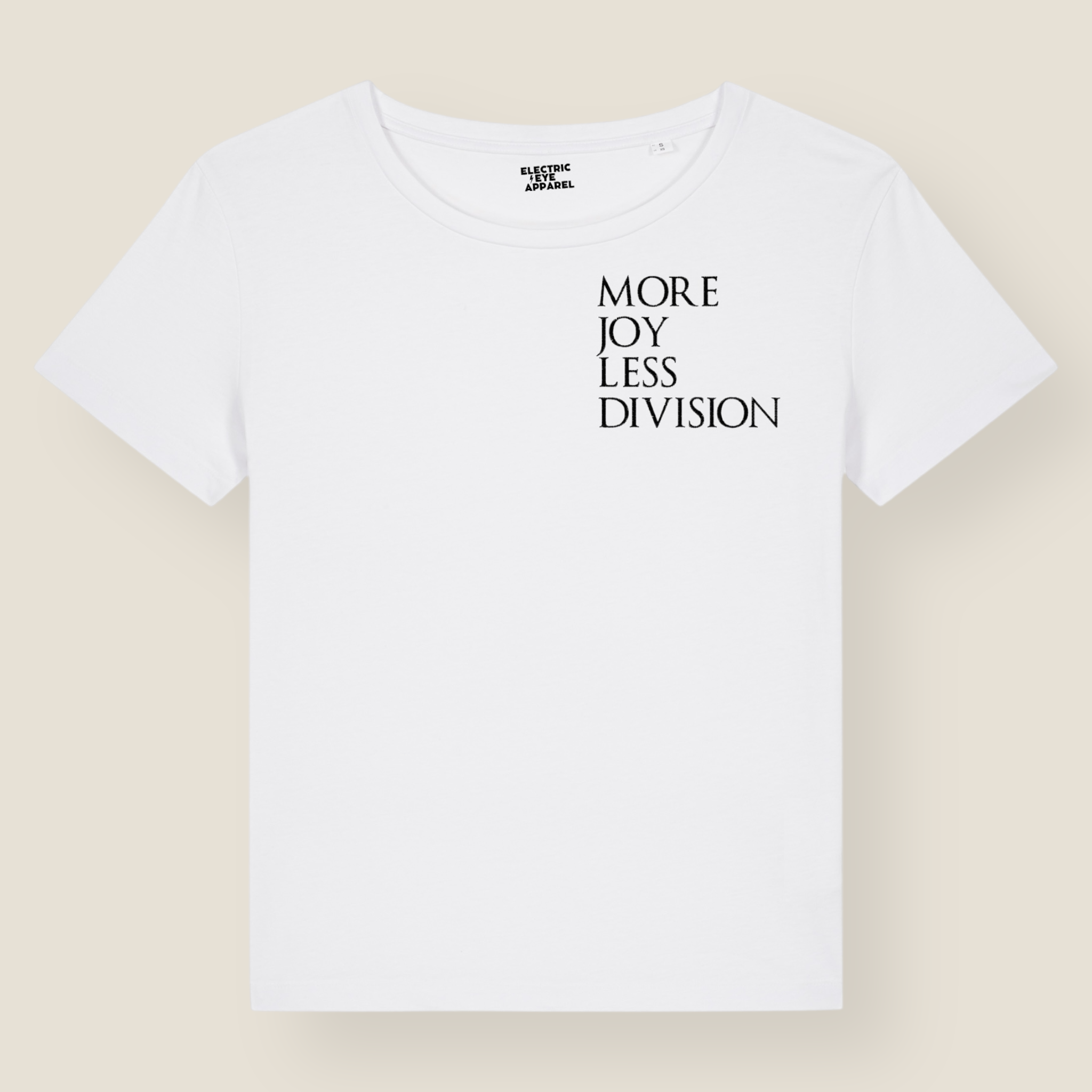 'MORE JOY LESS DIVISION' Left chest embroidered premium organic women's iconic mid-light 'Sienna' t-shirt