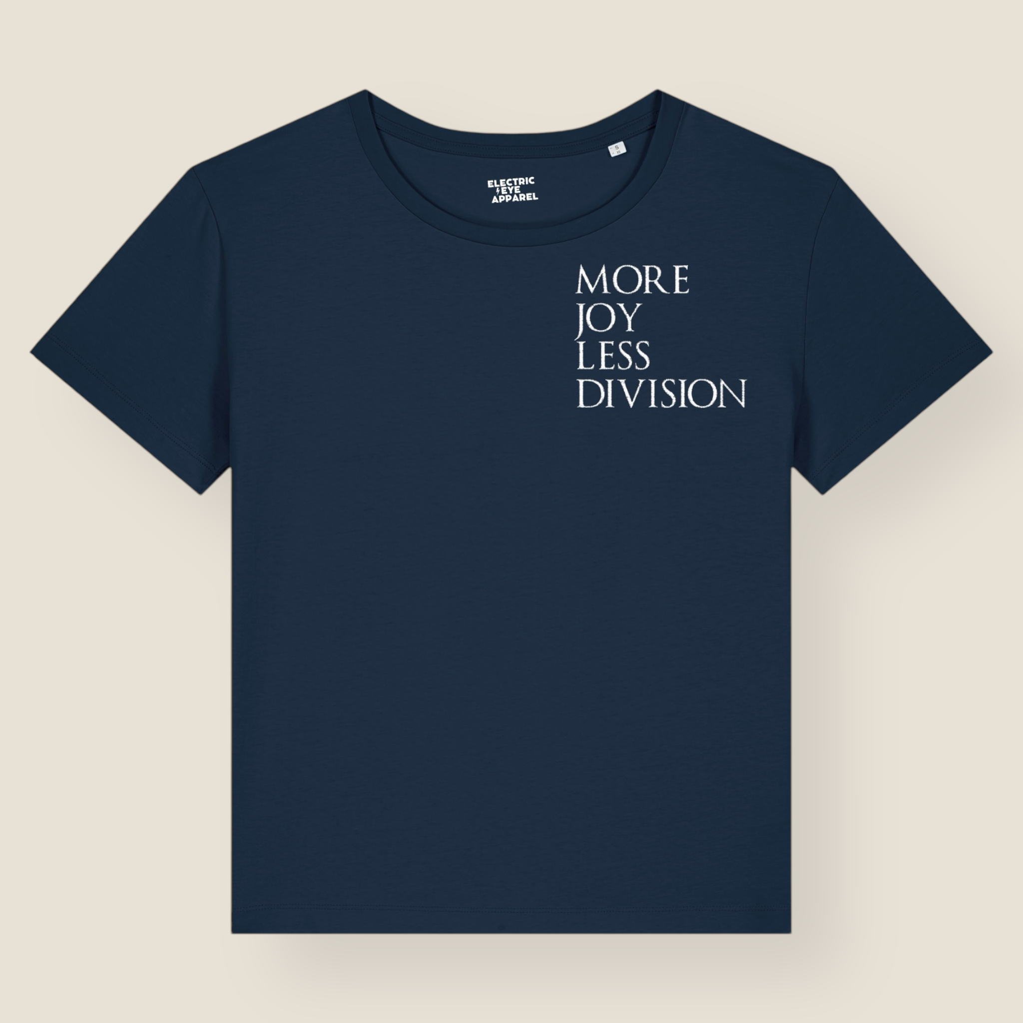 'MORE JOY LESS DIVISION' Left chest embroidered premium organic women's iconic mid-light 'Sienna' t-shirt