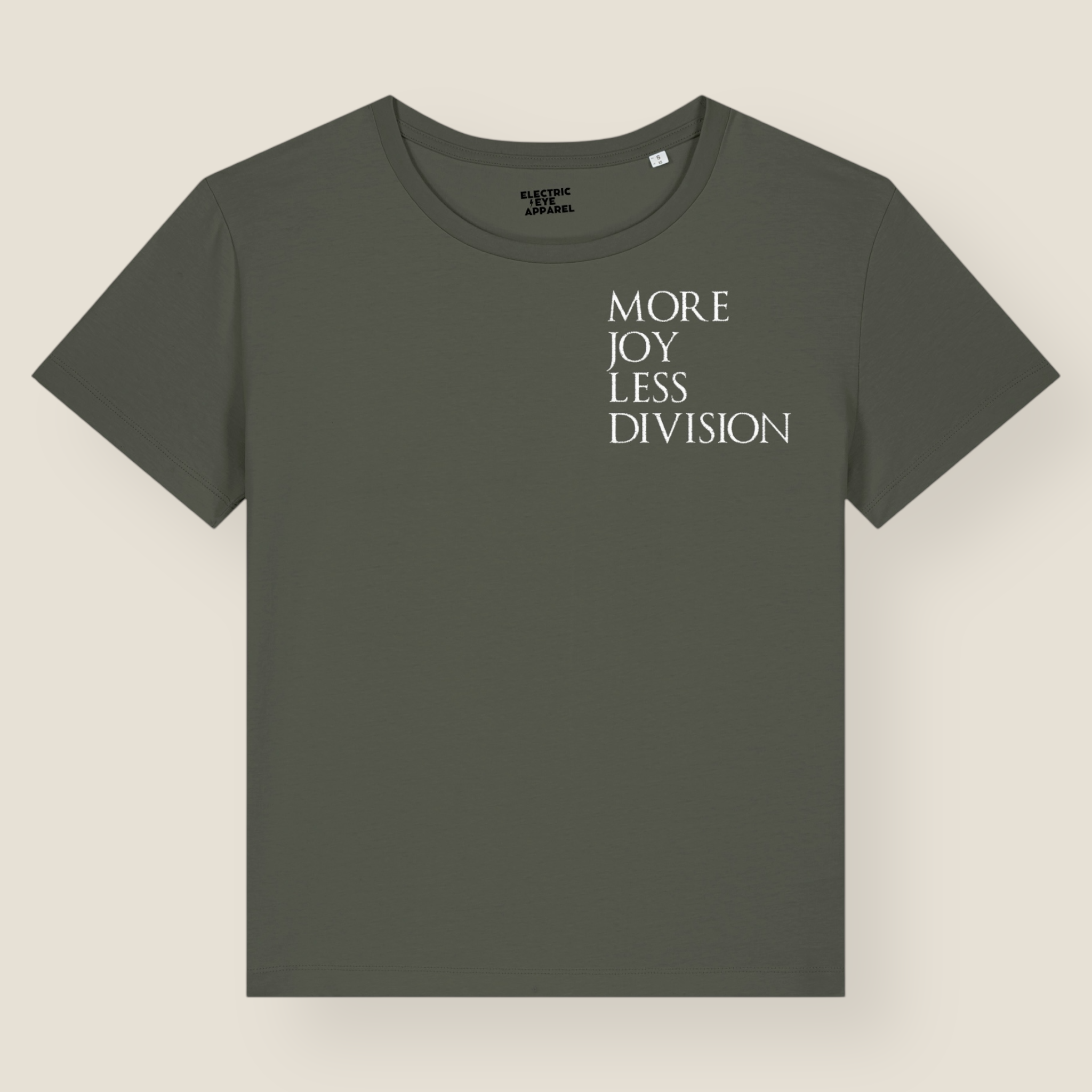 'MORE JOY LESS DIVISION' Left chest embroidered premium organic women's iconic mid-light 'Sienna' t-shirt