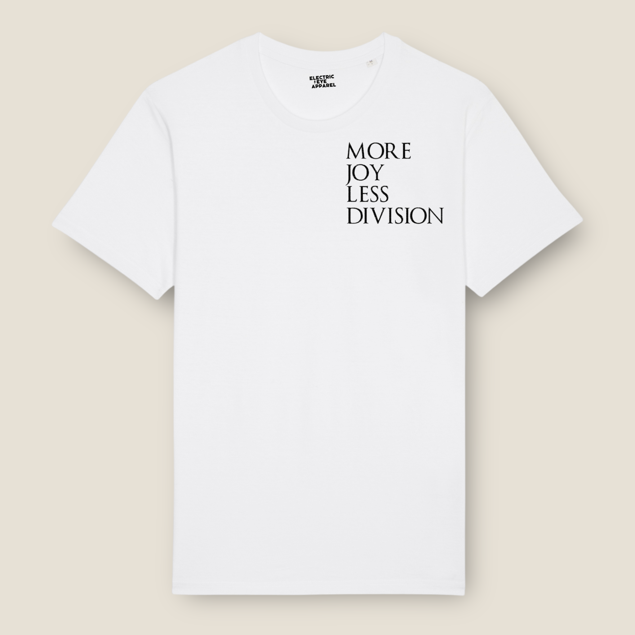 'MORE JOY LESS DIVISION' Left chest embroidered premium organic men's classic crew neck 'Rocker' t-shirt