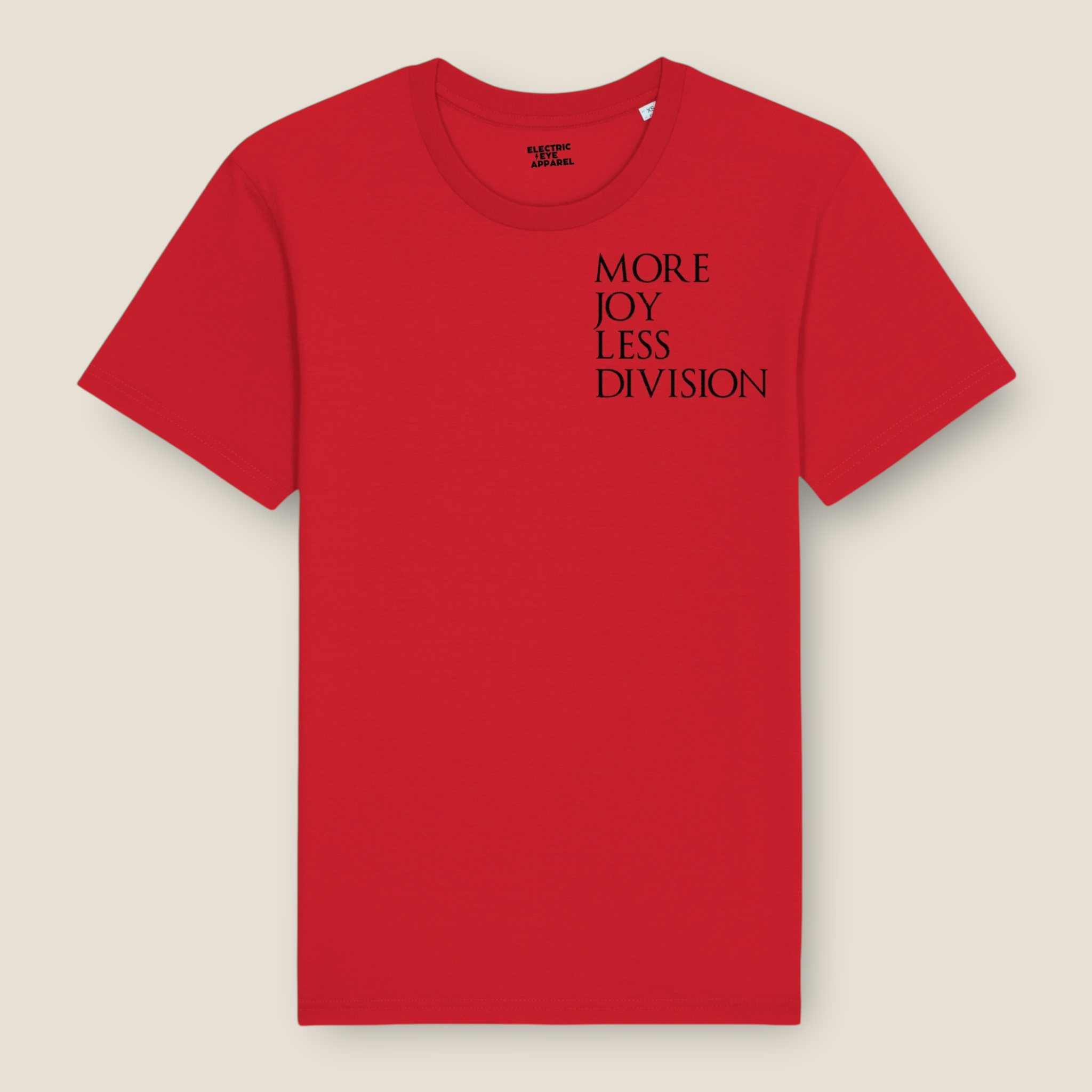 'MORE JOY LESS DIVISION' Left chest embroidered premium organic men's classic crew neck 'Rocker' t-shirt