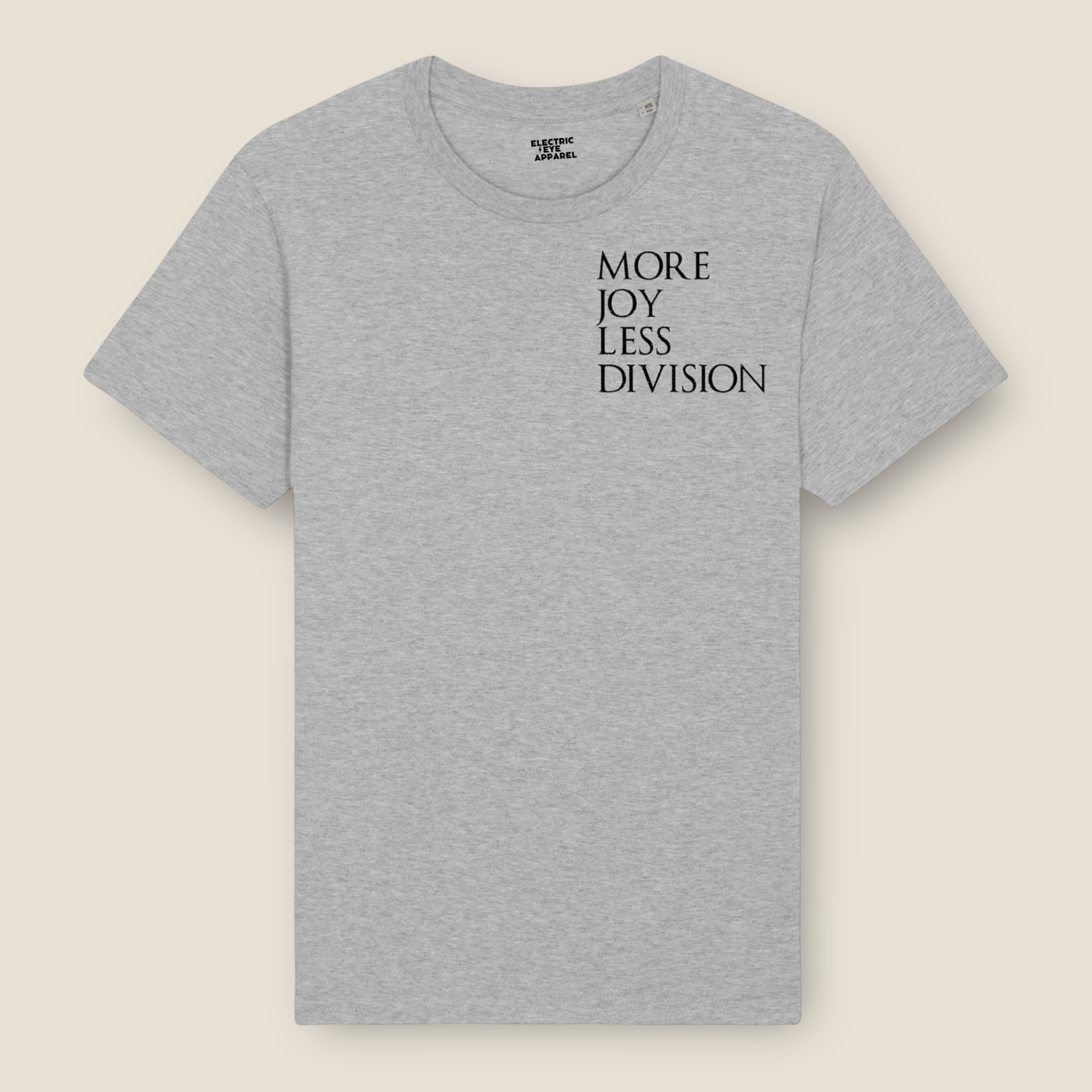 'MORE JOY LESS DIVISION' Left chest embroidered premium organic men's classic crew neck 'Rocker' t-shirt