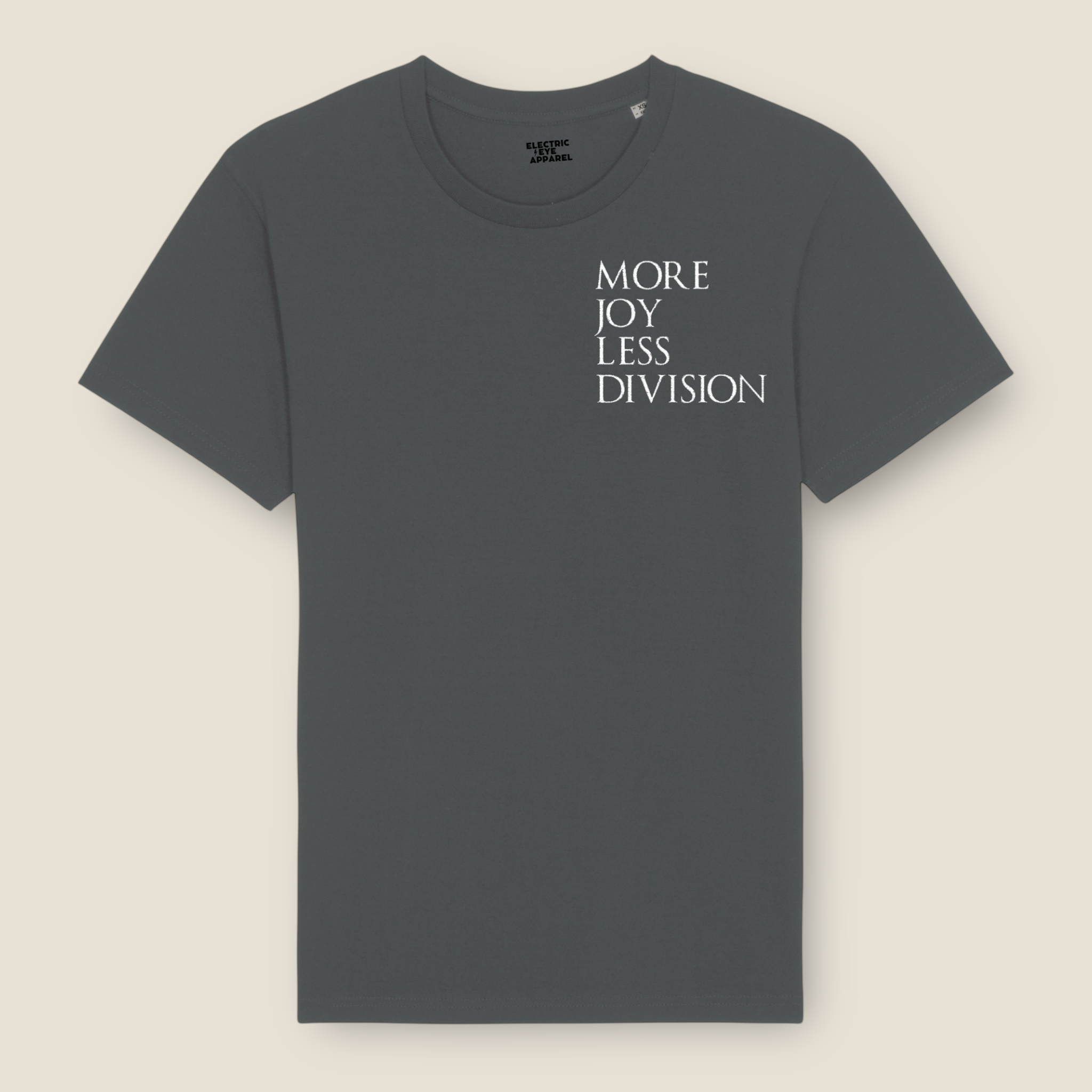 'MORE JOY LESS DIVISION' Left chest embroidered premium organic men's classic crew neck 'Rocker' t-shirt