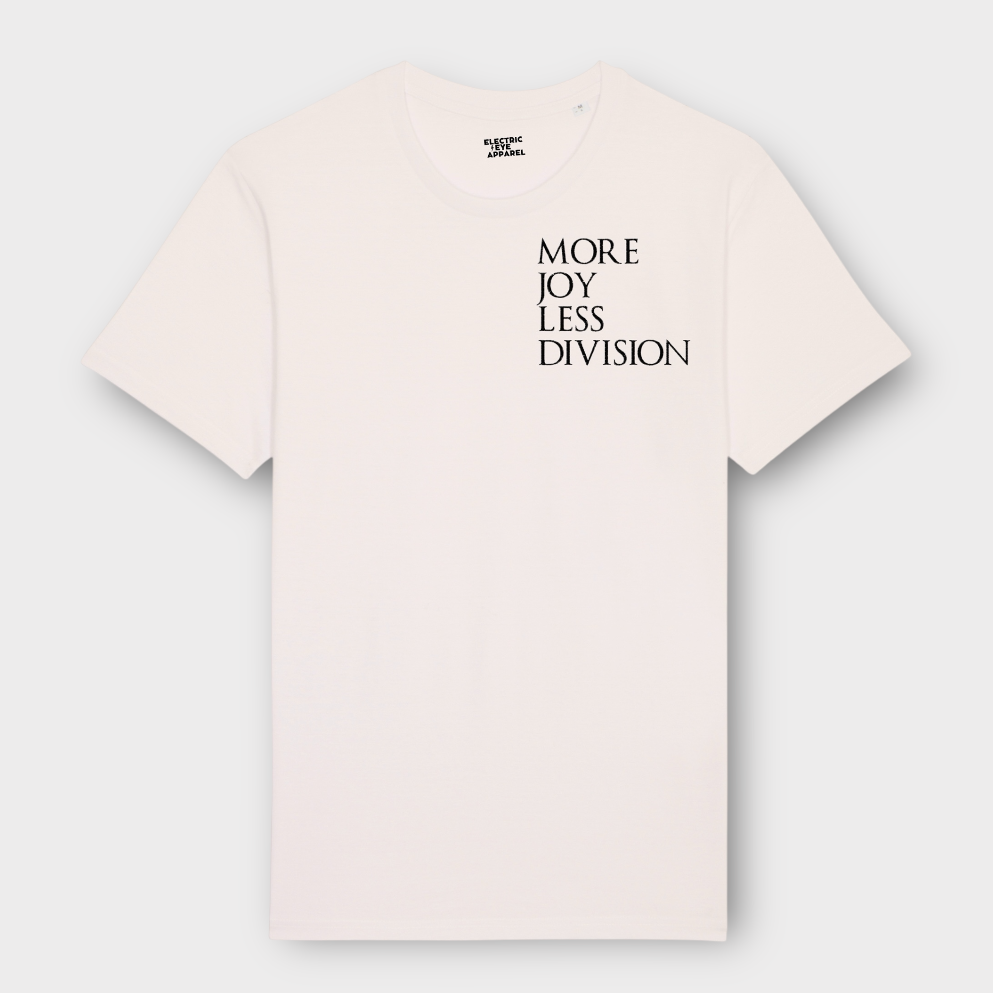 'MORE JOY LESS DIVISION' Left chest embroidered premium organic men's classic crew neck 'Rocker' t-shirt