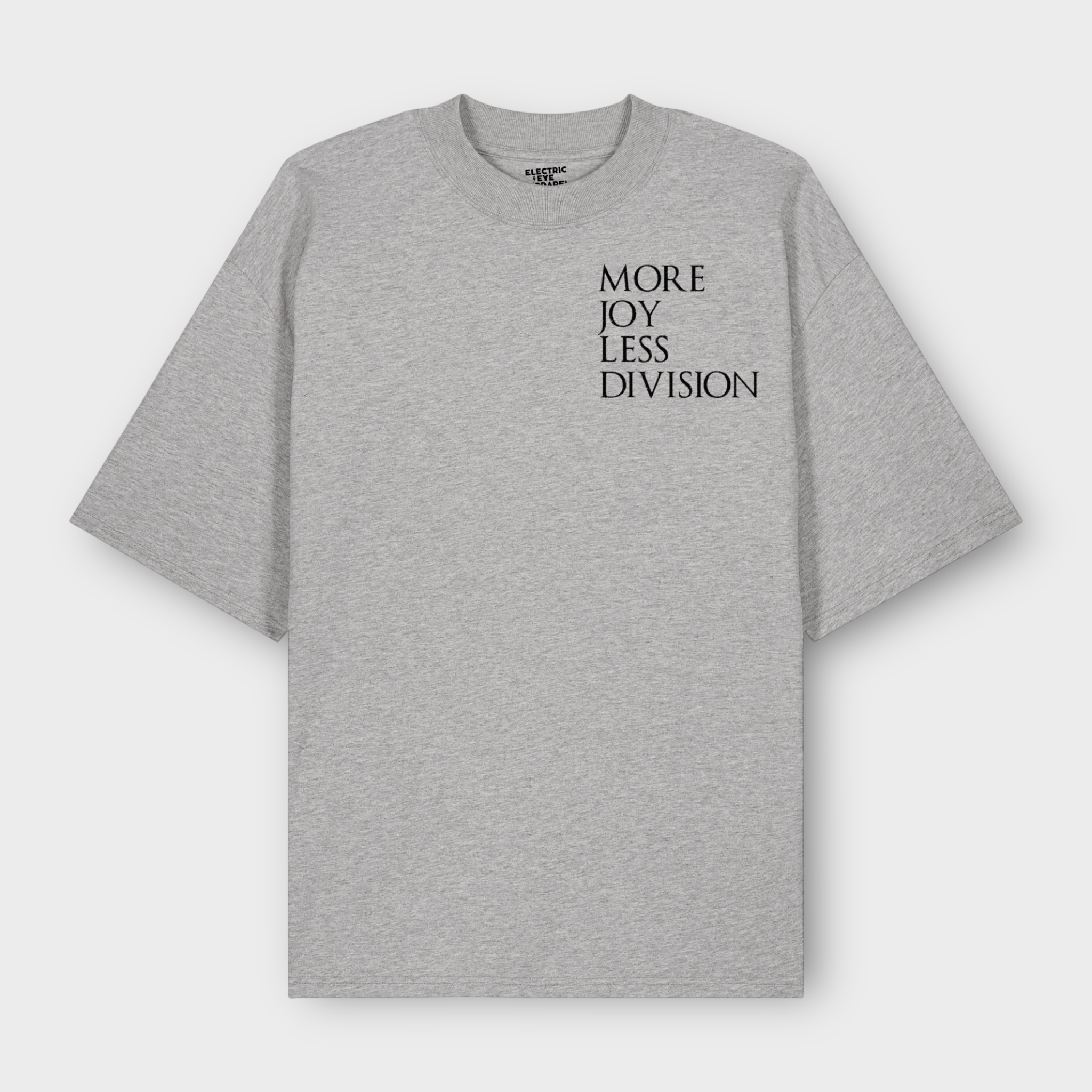 'MORE JOY LESS DIVISION' left chest embroidered heavy weight organic cotton unisex drop shoulder 'blaster' t-shirt