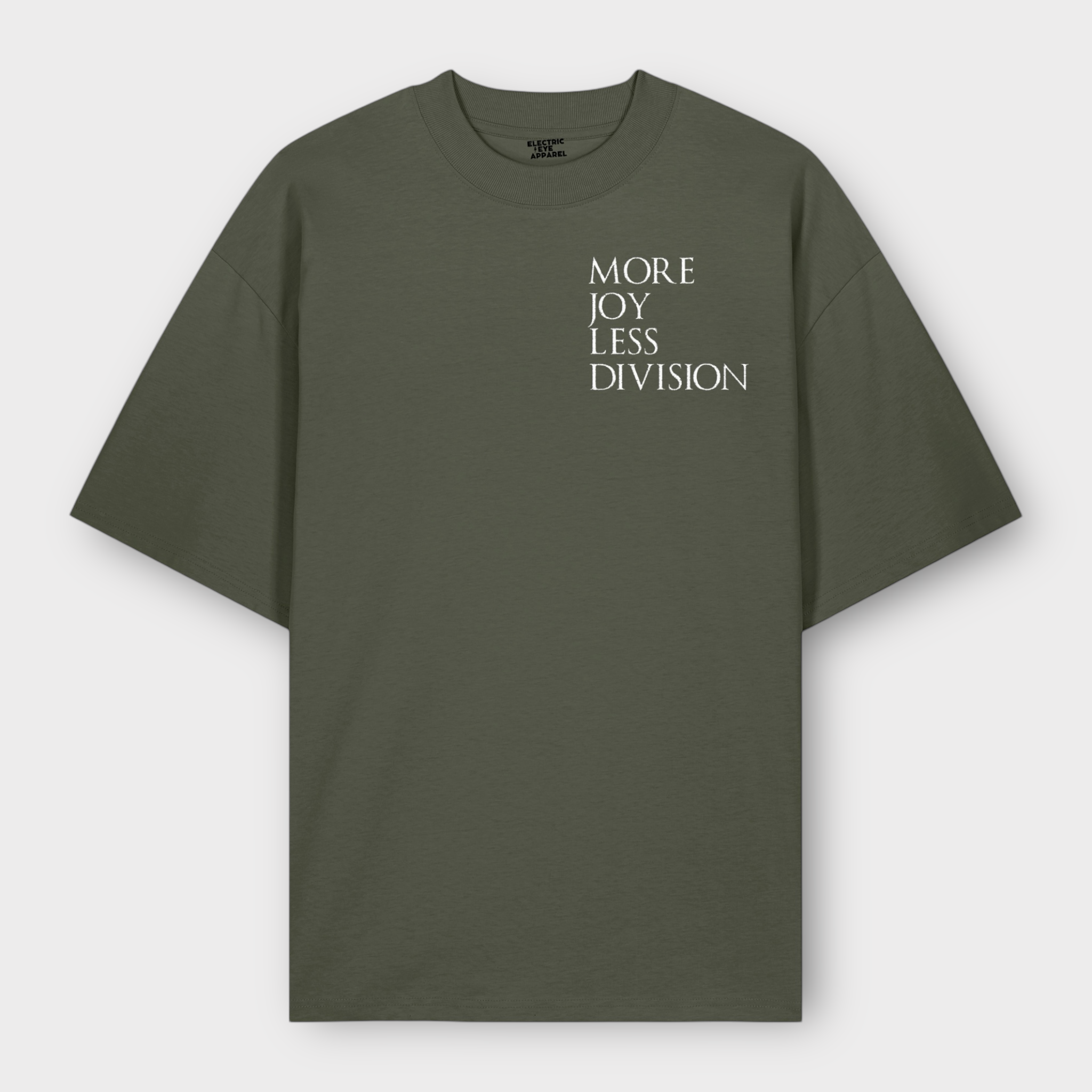 'MORE JOY LESS DIVISION' left chest embroidered heavy weight organic cotton unisex drop shoulder 'blaster' t-shirt