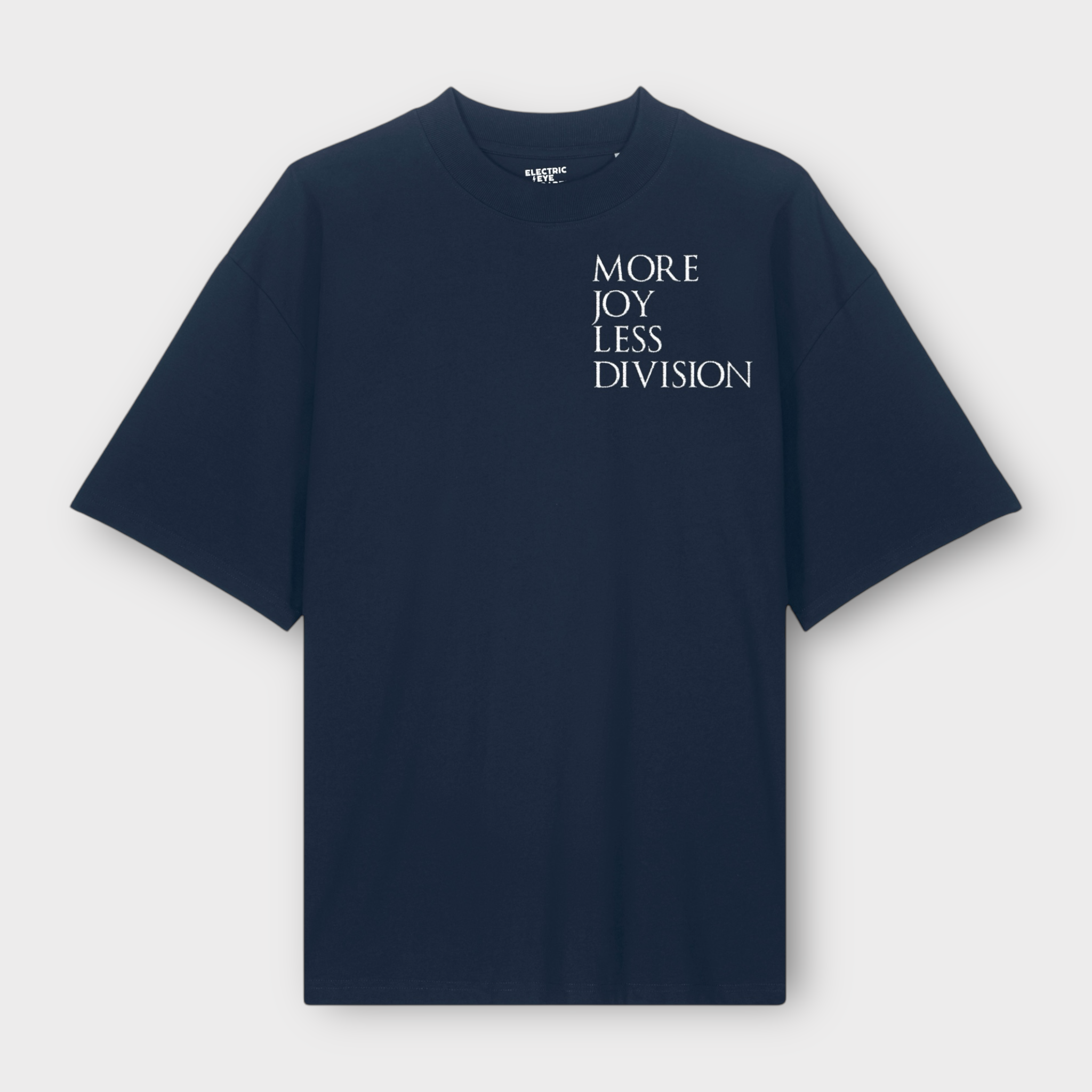 'MORE JOY LESS DIVISION' left chest embroidered heavy weight organic cotton unisex drop shoulder 'blaster' t-shirt