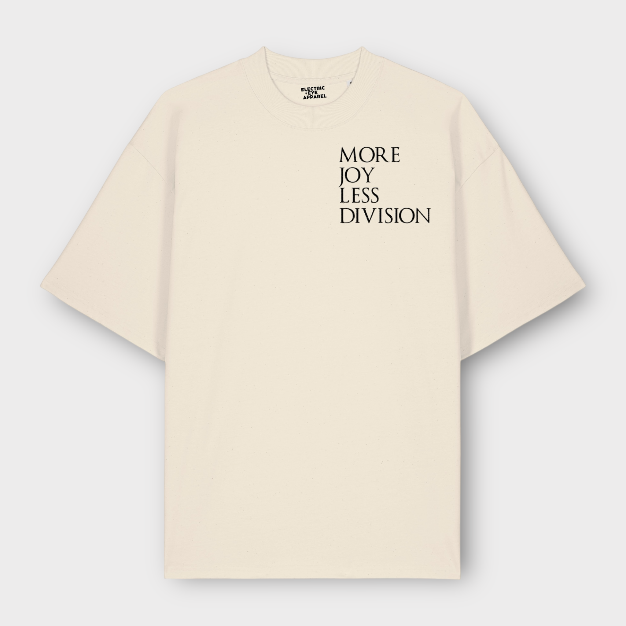 'MORE JOY LESS DIVISION' left chest embroidered heavy weight organic cotton unisex drop shoulder 'blaster' t-shirt