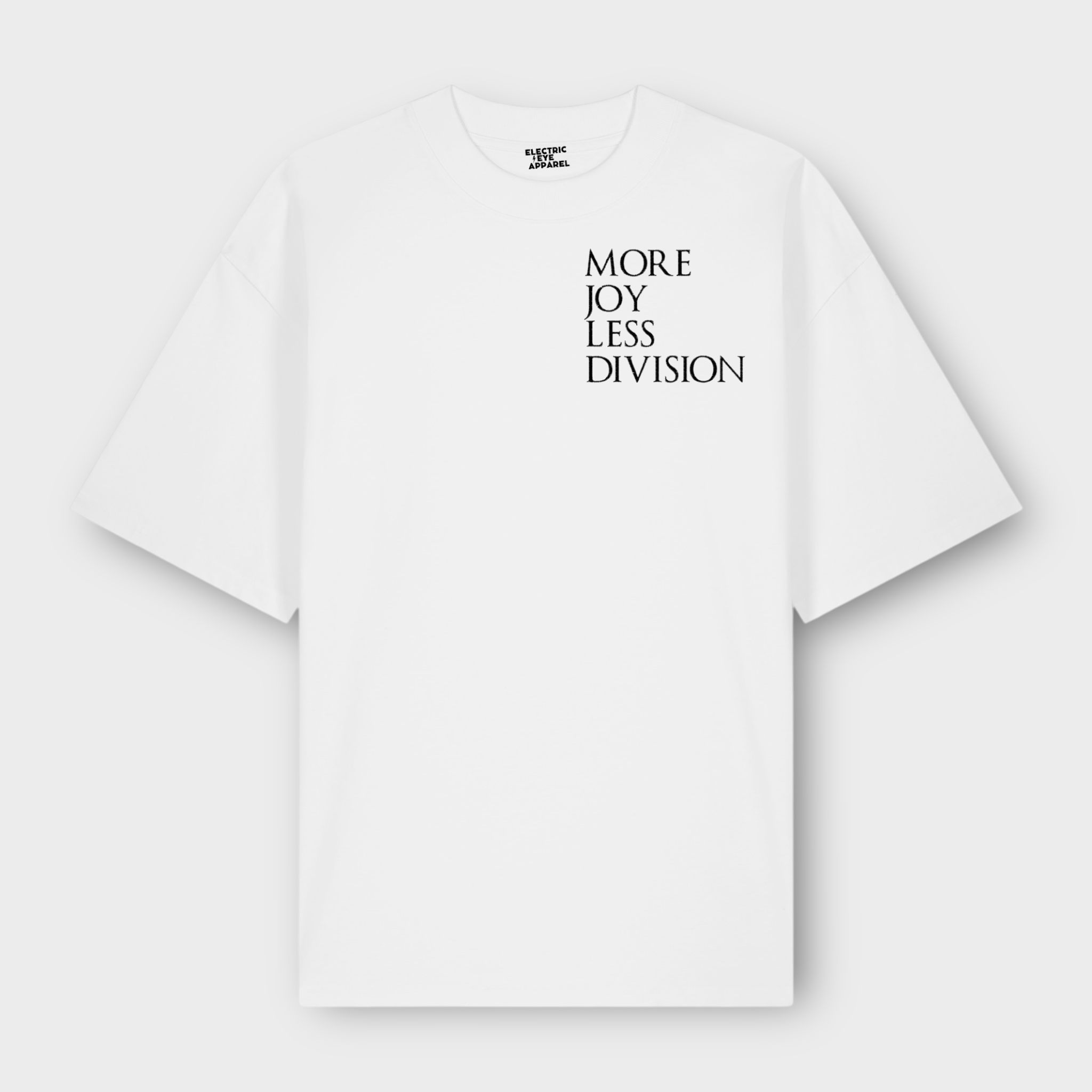 'MORE JOY LESS DIVISION' left chest embroidered heavy weight organic cotton unisex drop shoulder 'blaster' t-shirt