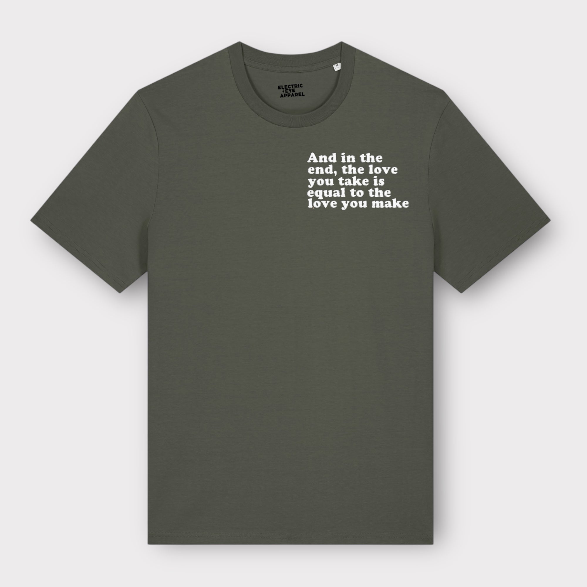 'And in the end the love you take is equal to the love you make' men's left chest embroidered premium organic medium fit 'creator' t-shirt - inspired by The Beatles